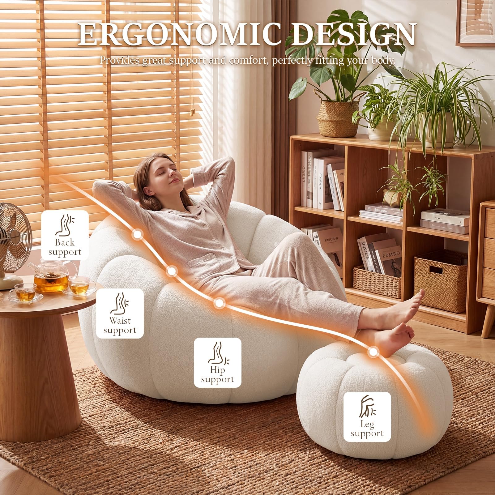 Übergroßer Couchstuhl in Kürbisform mit Fußhocker, riesiges Sitzsacksofa für Teenager und Kinder, bequemer, gemütlicher Loungesessel Wohnheim, Wohnung, Wohnzimmer, Schlafzimmer, gemütliche Wei