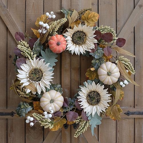 Miniatura 4 de idyllic Calabazas artificiales de 20 pulgadas con girasoles blancos con hojas verdes y amarillas, corona de flores para puerta delantera, pared