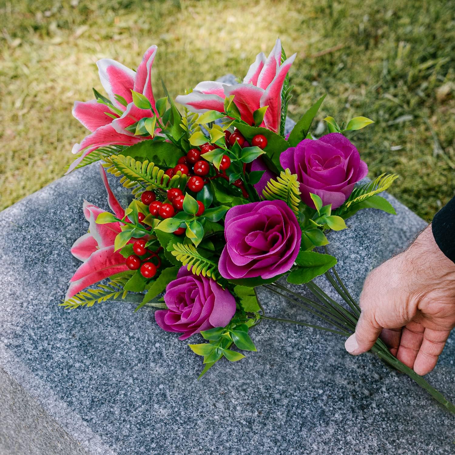 XONOR Artificial Cemetery Flowers for Grave, Set of 4 Artificial Flowers Bouquet Memorial Flowers with Vase for Outdoor Cemetery Headstones Graveyard Gravestone Decoration (Pink&Purple-4Pcs) - Image 4