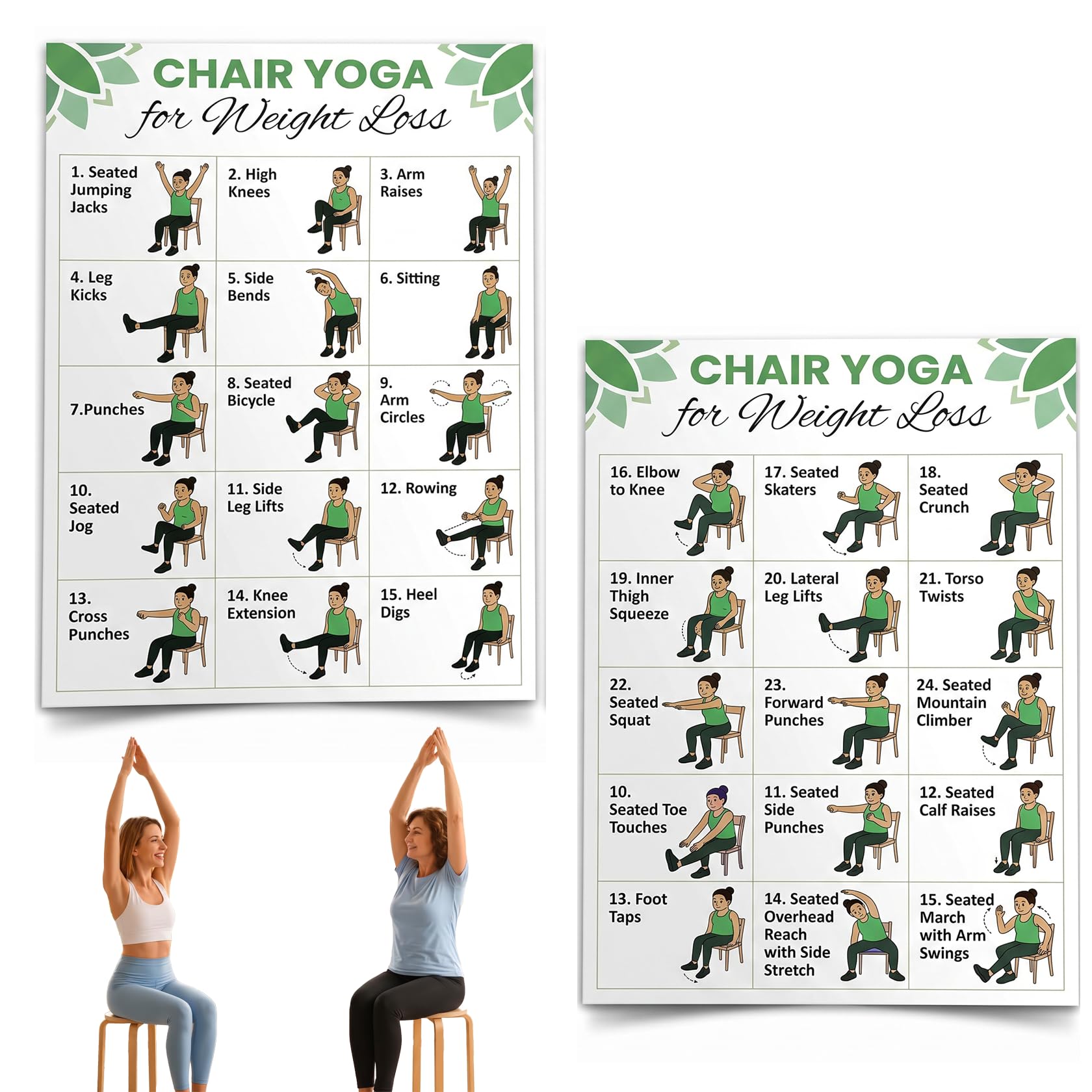 2Pcs Chair Yoga Posters,30-Day Chair Yoga Exercise Plan for Seniors Over 60 & Beginners,Chair Yoga Workout Poster with Seated Poses,Gentle Seated Exercise Charts,Fitness Guide for Weight Loss,Home,Gym