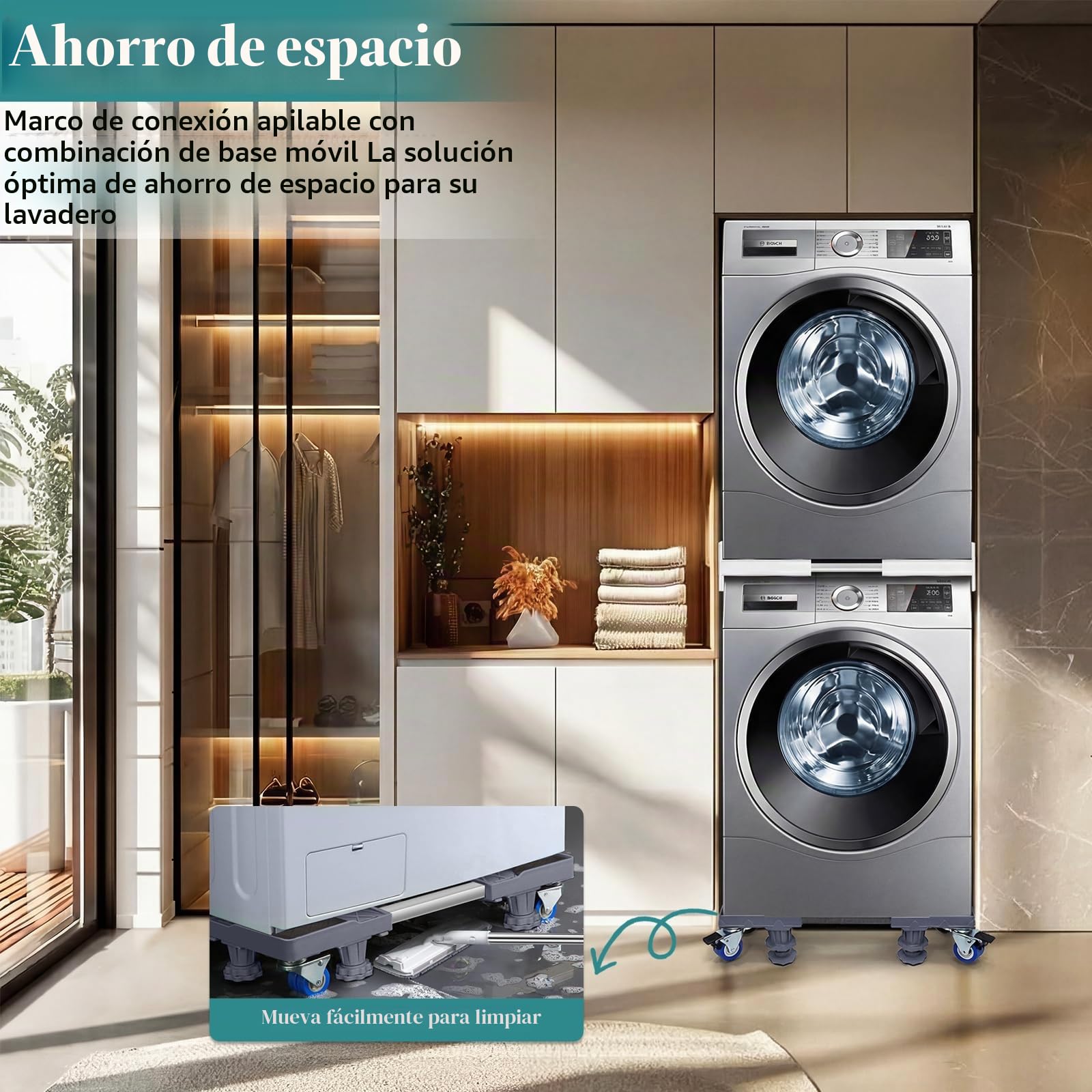 Kit de Apilamiento para Lavadora y Secadora, Marco Ajustable 46-72 cm con Base Móvil 43-60 cm, 4 Ruedas con Freno, 8 Patas Antivibración, Almohadillas Antideslizantes y Correa de Trinquete 6 m