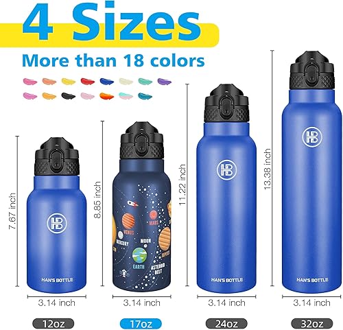 Miniatura 2 de Han's Bottle - Botella de agua para niños con tapa con pajilla - Vaso reutilizable de acero inoxidable aislado para niñas, niños, taza termo, 17