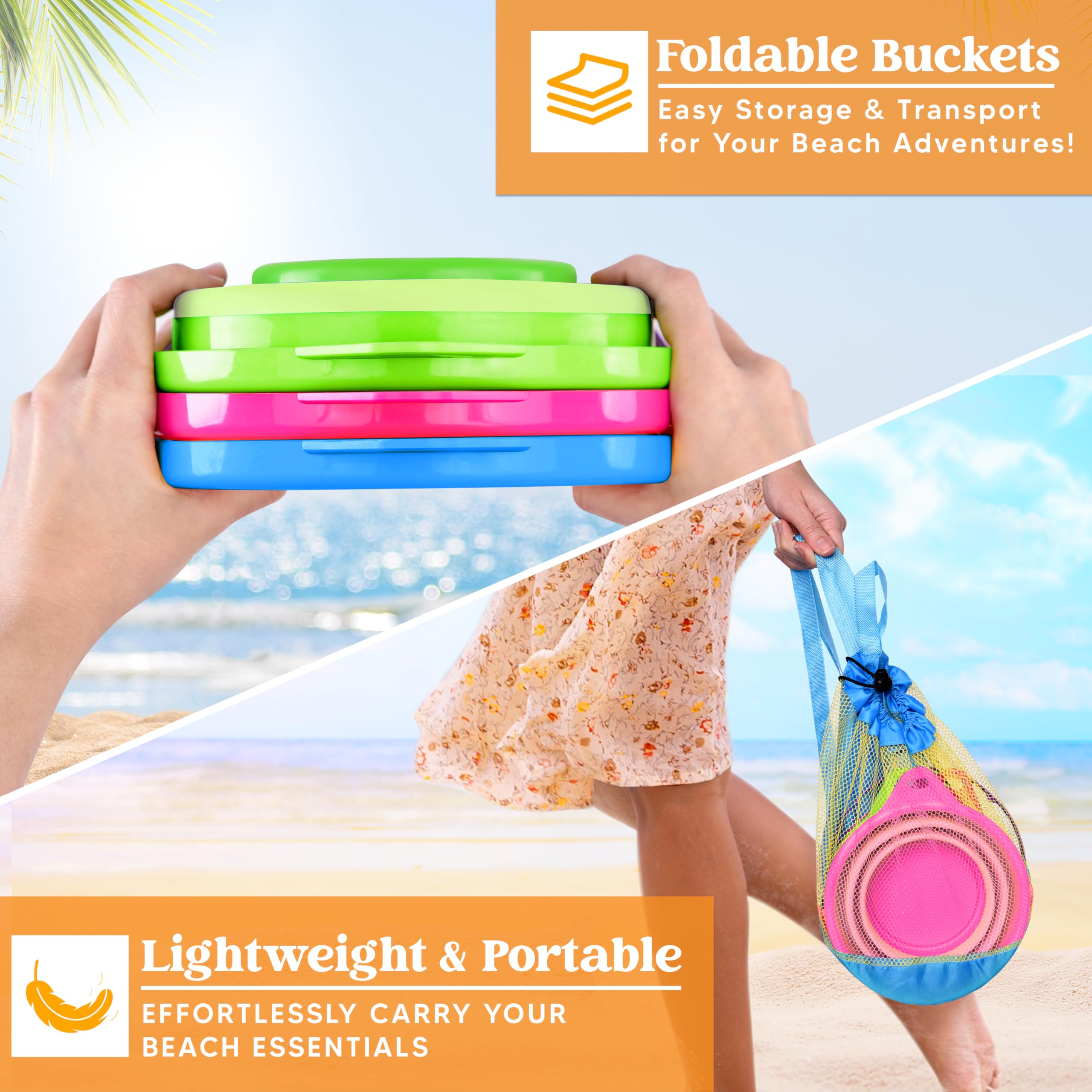 JOYIN 3 Packs Foldable Pail Bucket with Shovels & Mesh Bag, Collapsible Buckets Multi Purpose for Beach Camping Gear - Image 3