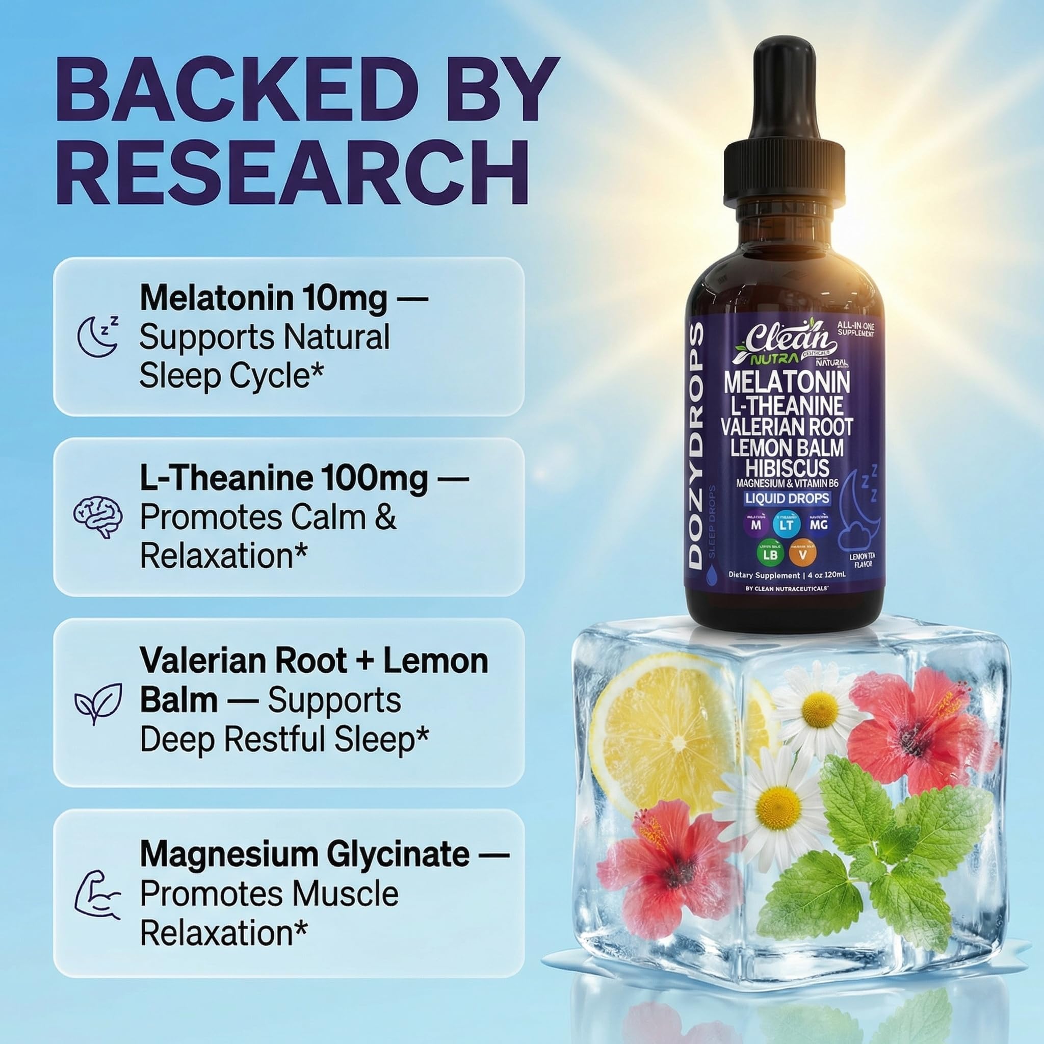 Clean Nutra Melatonin 10mg Drops Magnesium Vitamin B6 L-Theanine Valerian Hibiscus Lemon Balm Supplement Liquid Sugar-Free Vegan Natural Sleep Support Aid Lemon Tea Flavor 120mL Formula — Amazon image 3