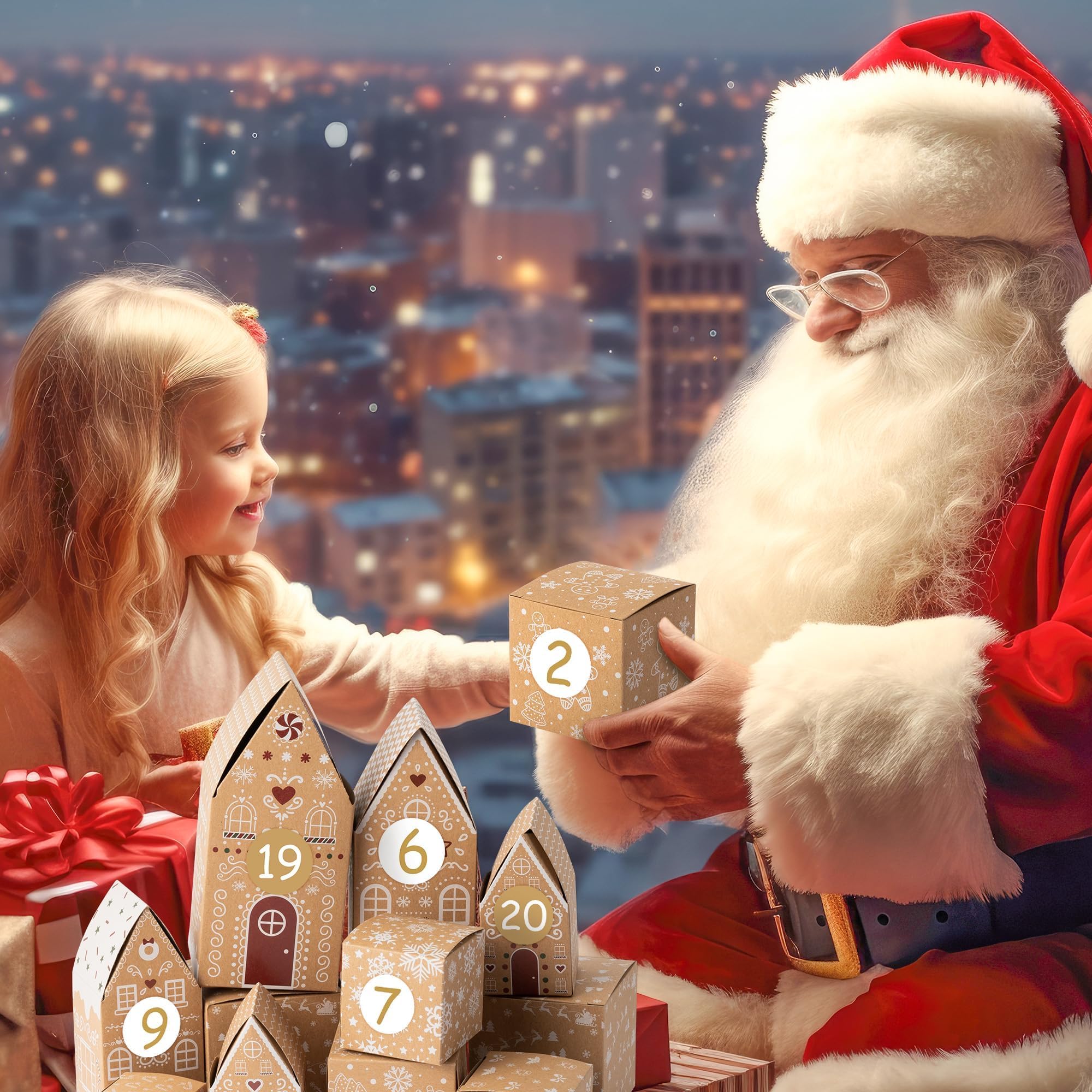 28Pcs Weihnachten Adventskalender Süßigkeiten Leckereien Boxen Leere Adventskalender Boxen zum Befüllen 24 Tage Weihnachten Advent Countdown Nummer Label Aufkleber Geschenkboxen Lebkuchenhaus