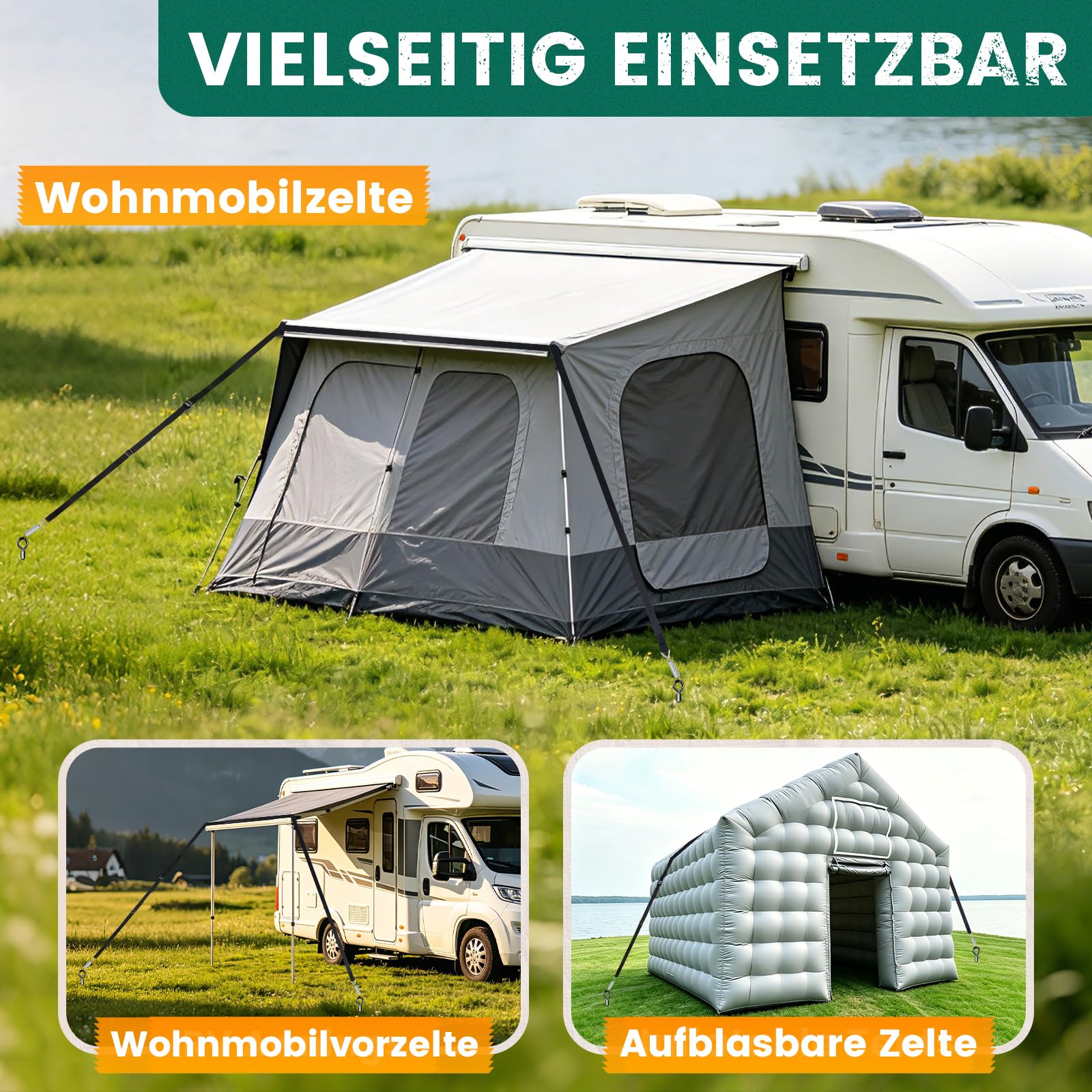 Juego de toldos de banda para tormentas para camping, protección contra tormentas con cinta de 13 m + 2 anclajes de suelo+2 muelles para tiendas de campaña, toldos, toldos, pabellones