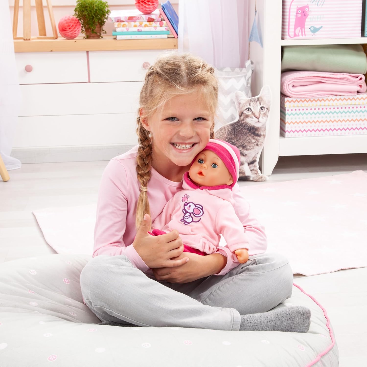 Bayer Design 93824BD Interactive Baby Doll, 38 cm, Soft Body, Sleeping Eyes, Talking, with Dummy and Bottle
