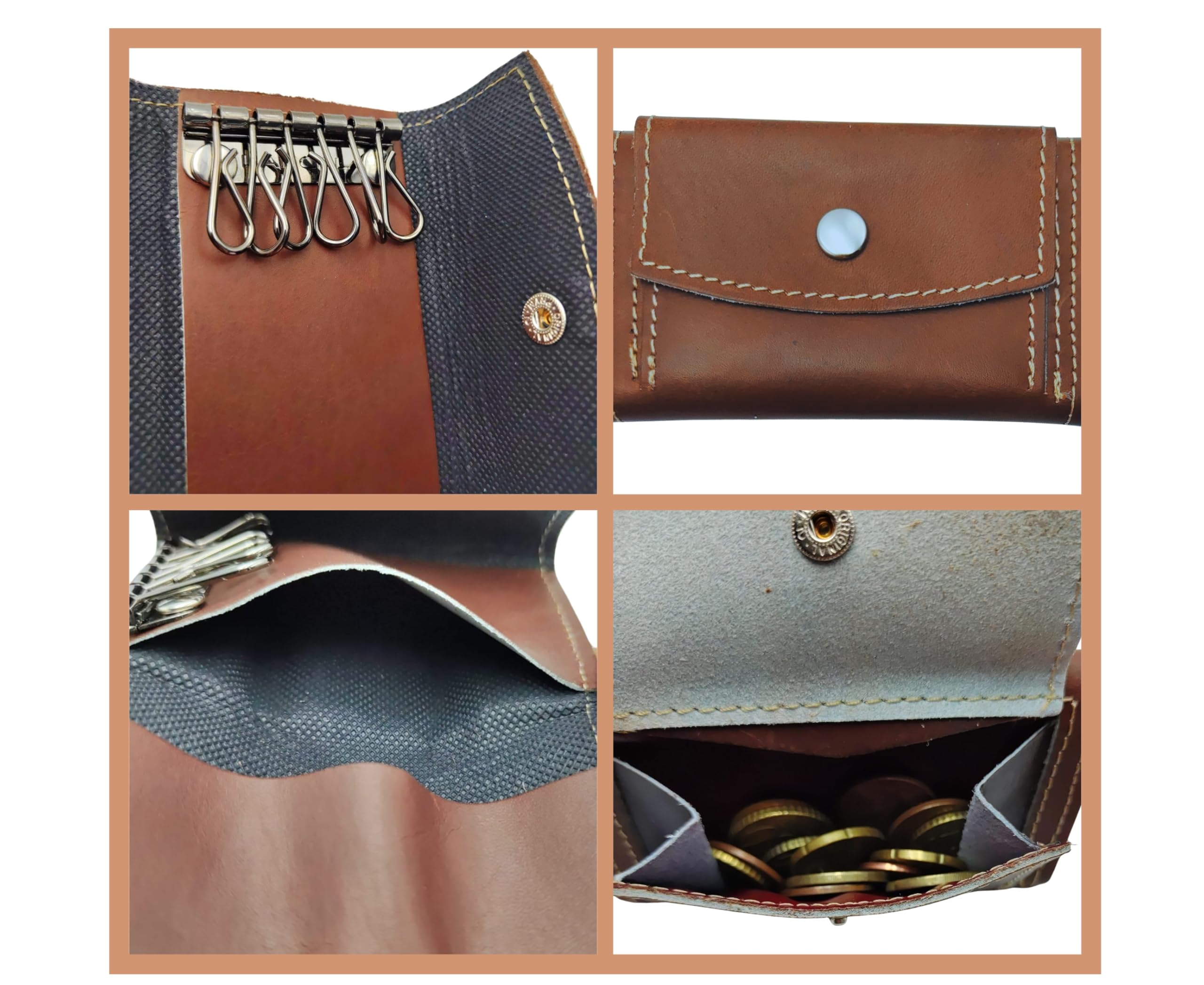 Navaja Damasco 73 Capas | Hoja 6 cm, Back Lock, Virola Alpaca, Caja Imantada | Llavero Monedero de Piel Hecho en España para 6 Llaves con Cierre de Botón (Damasco Marrón)