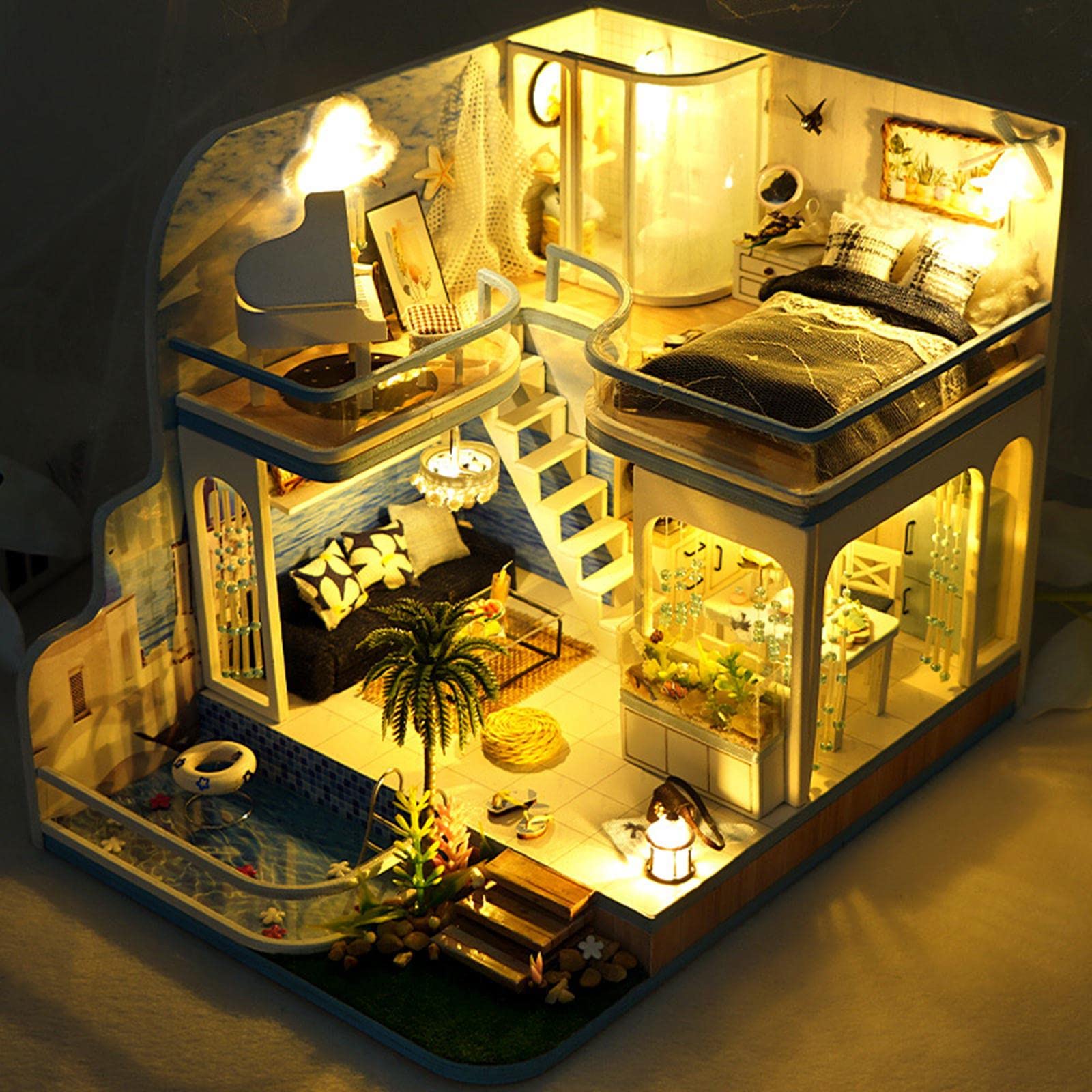 Casa delle Bambole Kit Fai da Miniatura Giocattolo Artigianale in Legno con Luci LED Hobby Creativo Manuale per Collezione Regalo Bambini