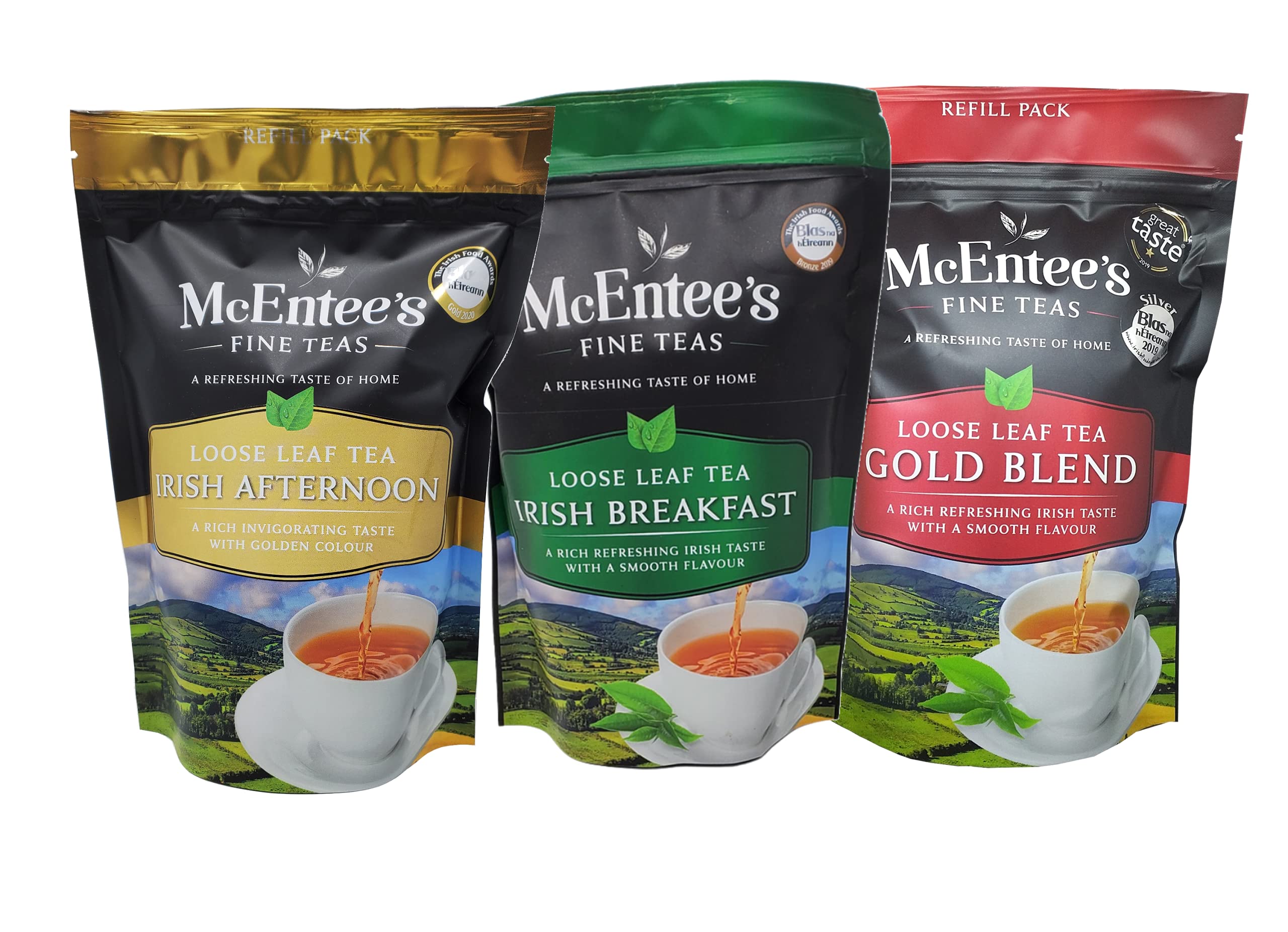 McEntee's Tea Three Pack of Traditional Irish Blends (Pack of 3) – Breakfast, Afternoon and Gold Blend 250g Refill Bags - Expertly Blended in Ireland. Kenyan,