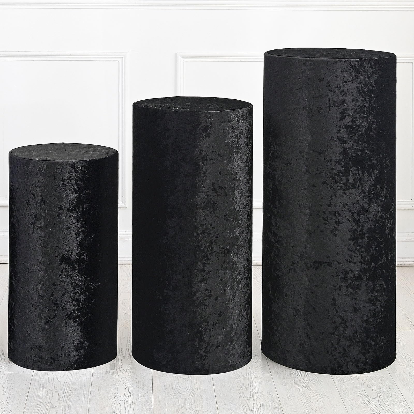 Fundas cilíndricas negras para decoración de eventos bodas y cumpleaños cubiertas de terciopelo