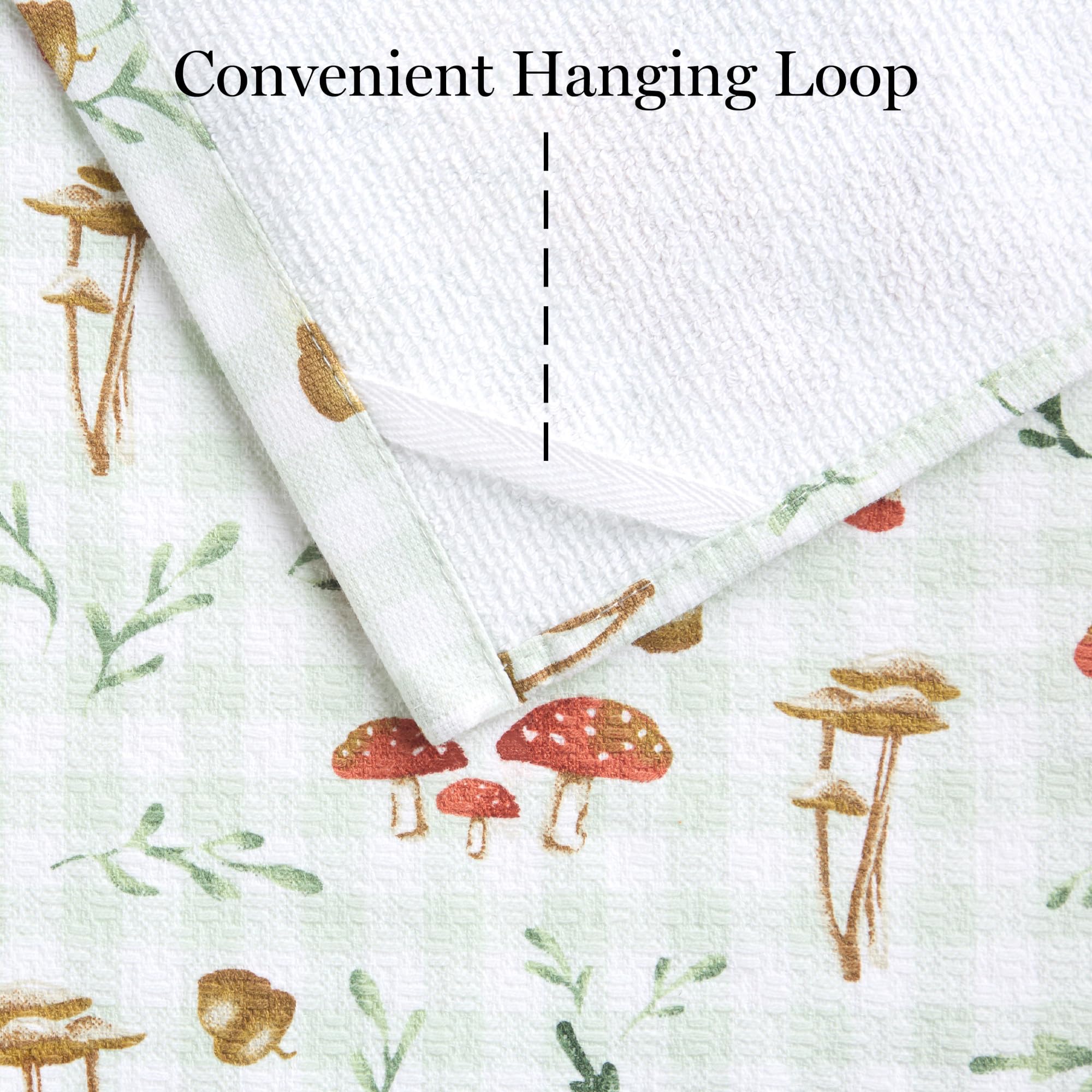 Martha Stewart Autumn Harvest Küchenhandtuch, Pilzkaro, 3er-Pack, 100% Baumwolle mit saugfähigem Frottee, dekorative Küchentücher, gebranntes Orange/Grün/Weiß, 40,6 x 71,1 cm