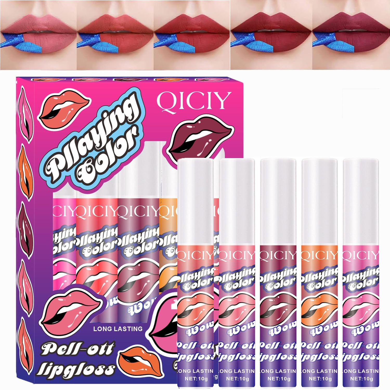 Azonee 5pcs Lip Stain Peel Off Gloss Set, Lipstick Sets For Women, Colourful Lip Tint, Extreme Amazing Make Up, Lip Gloss Set, Pink Lip Gloss