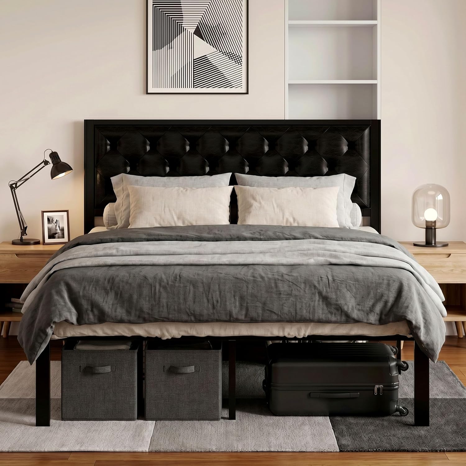 SHA CERLIN Queen Size Metal Platform Bed Frame, PU Leather Upholstered Button Tufted Headboard, Mattress Foundation with 12.4” Under-Bed Storage, Noise-Free, Easy Assembly, No Box Spring Needed, Black