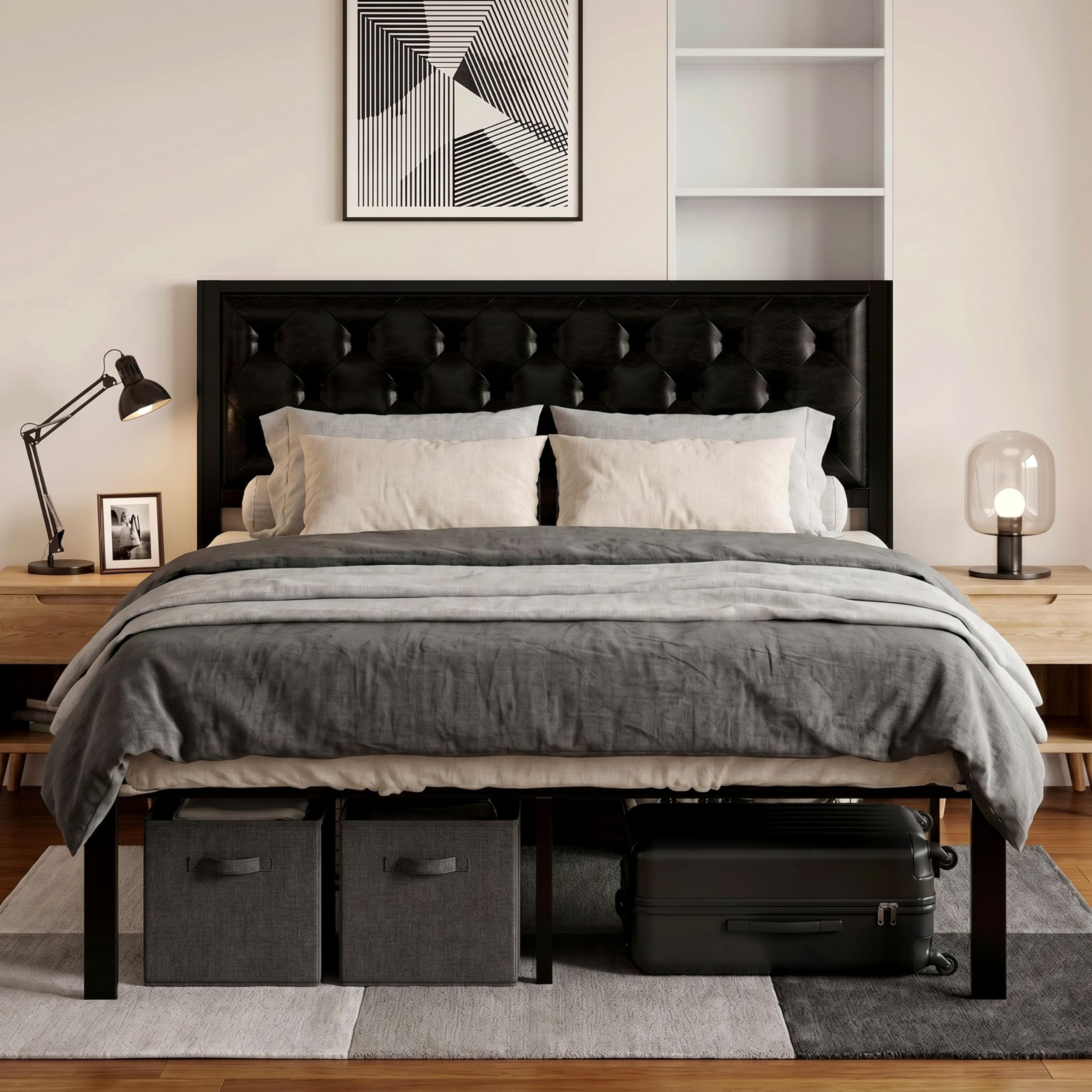 SHA CERLIN Full Size Metal Platform Bed Frame, PU Leather Upholstered Button Tufted Headboard, Mattress Foundation with 12.4” Under-Bed Storage,