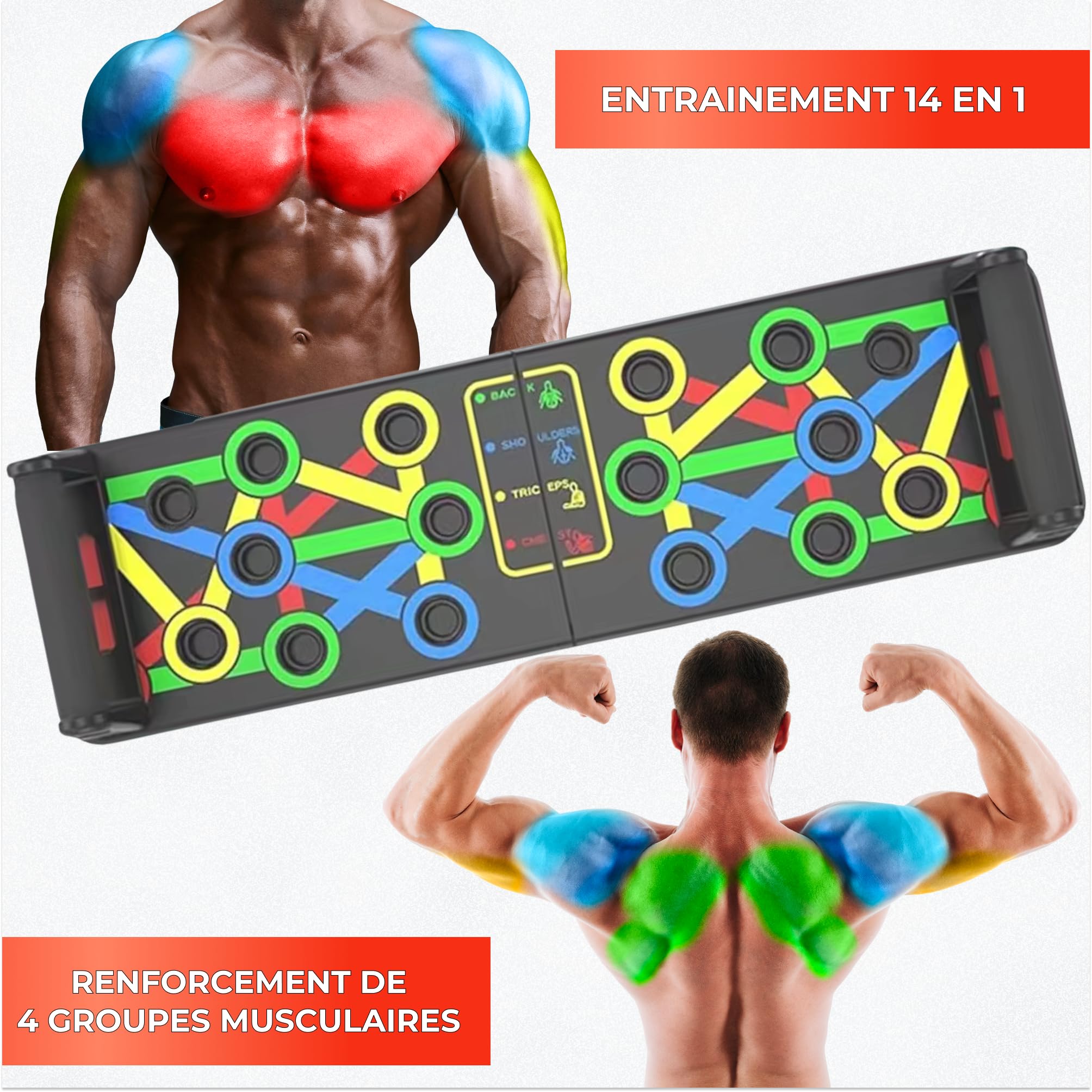 PRANAYA® Push Up Board 14-en-1 | Programme en Français + Vidéos QR Code | Planche à Pompes Guidée Pliable | Poignées Ergonomiques | Musculation Maison