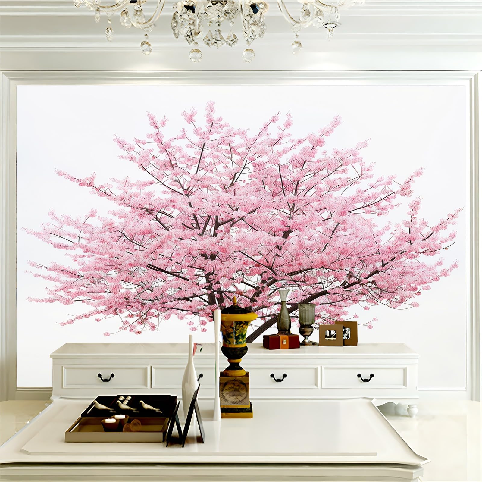 Générique Papier Peint Mural Salon Arbre Sakura Rose 200x140 cm Papier Peint Panoramique Intissé Moderne, Décoration Murale Poster Tableaux Muraux Imprimé 3D Tapisserie Photo