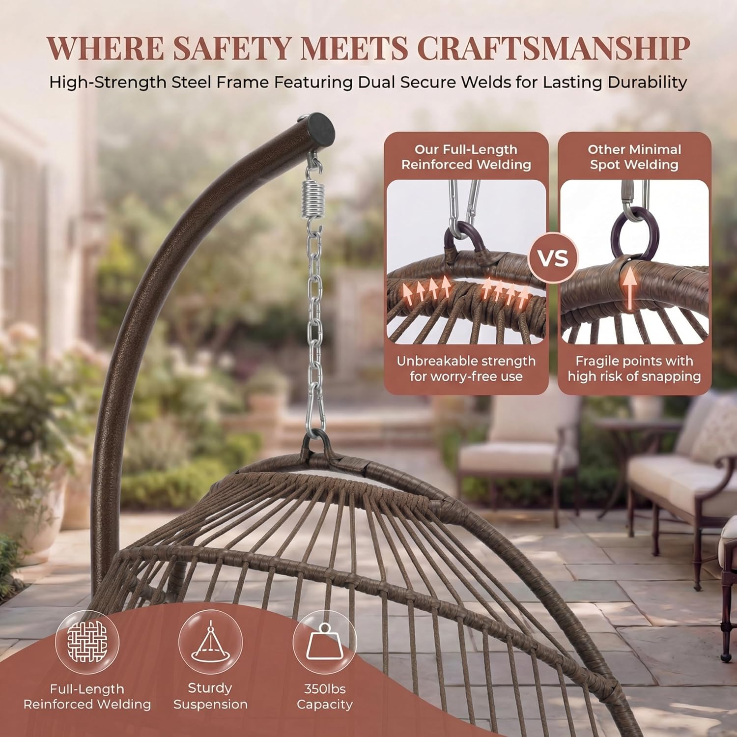 NICESOUL Egg Chair with Stand Indoor Outdoor, Patio Wicker Hanging Chair with Cushion, Swing Hammock Egg Shell Chairs, 350lbs Capacity Swinging Chair for Backyard, Balcony or Porch, Brown with Cover