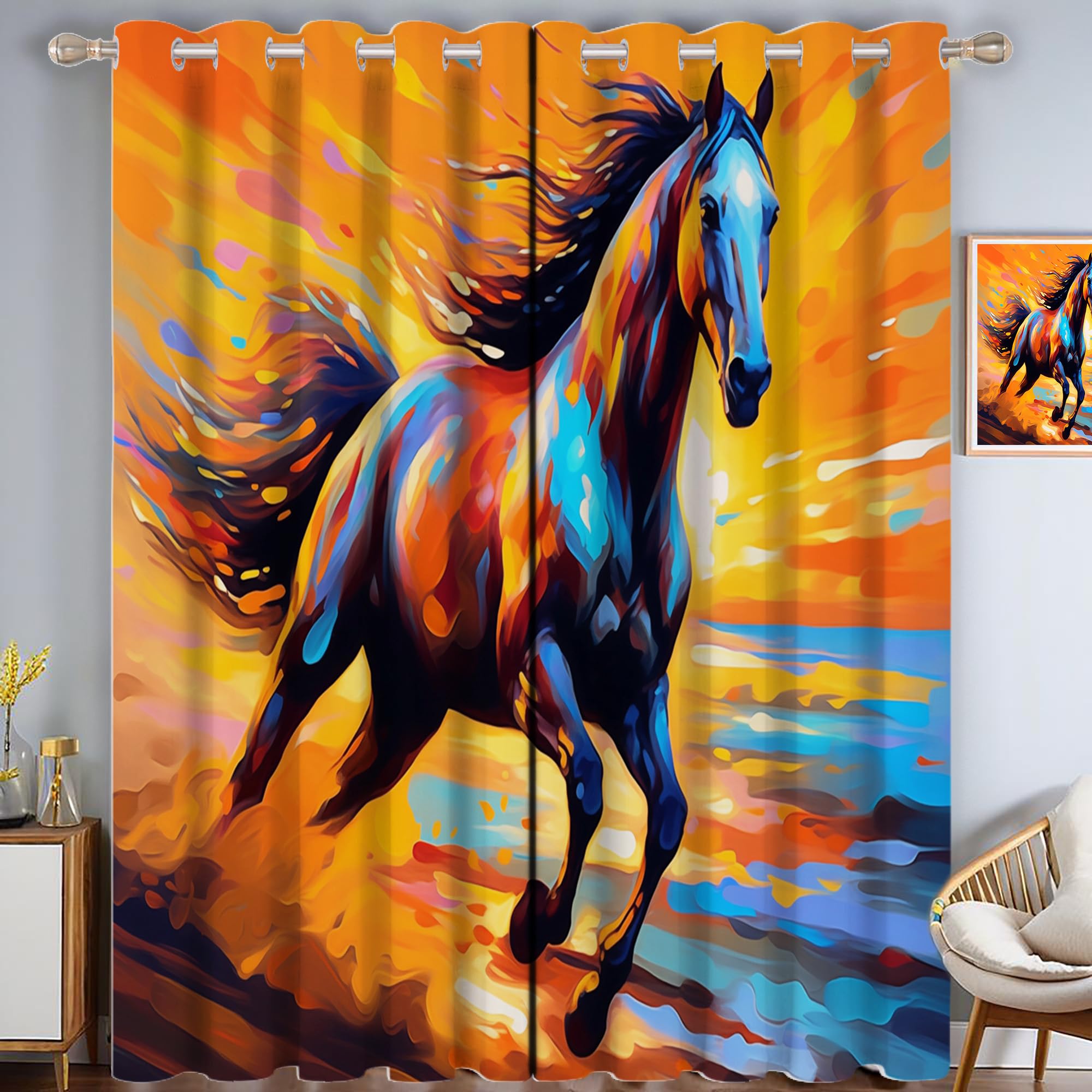 Rideau occultant plage et cheval orange 140x260 cm pour salon et chambre