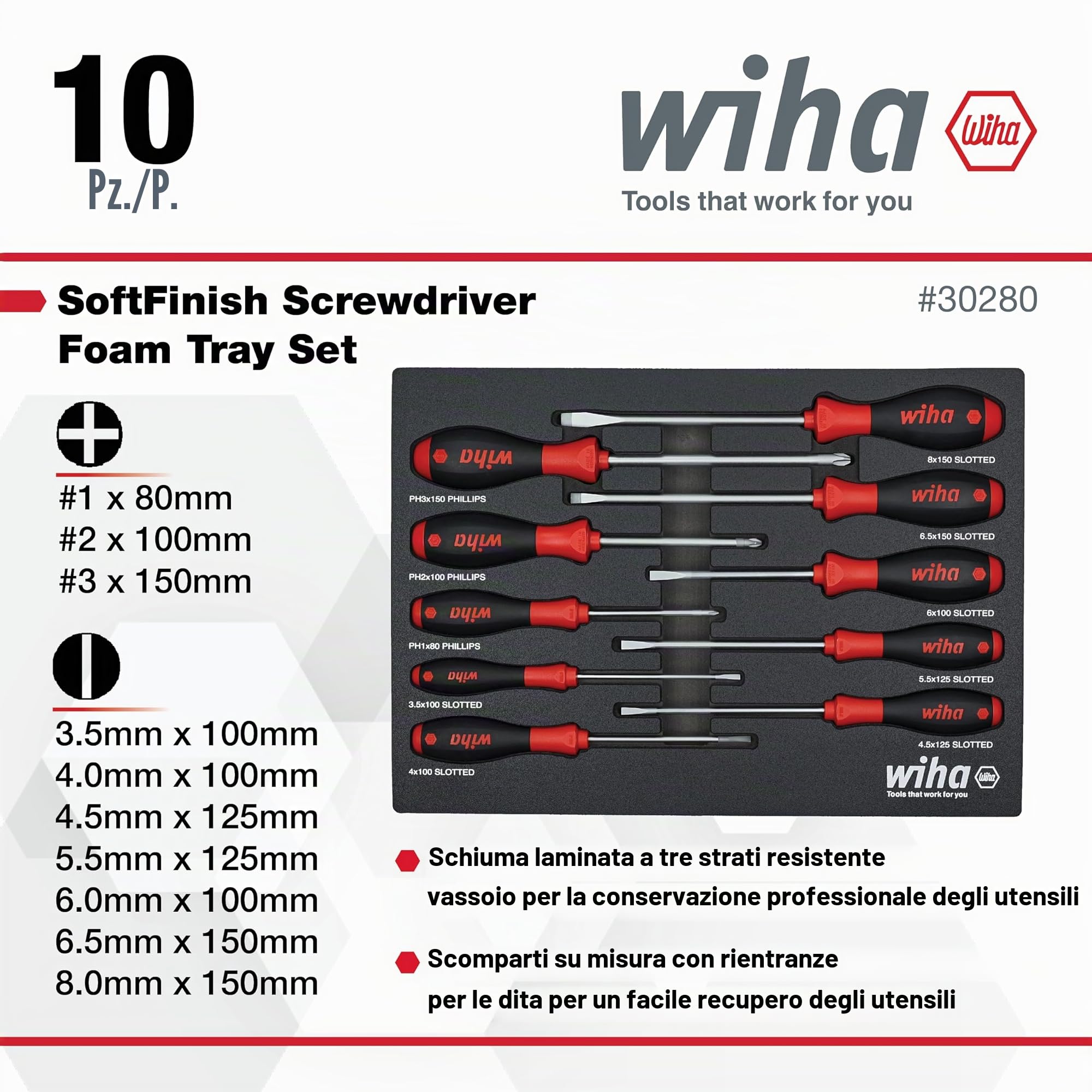 Wiha 30280 - Set di 10 cacciaviti SoftFinish con impugnatura morbida