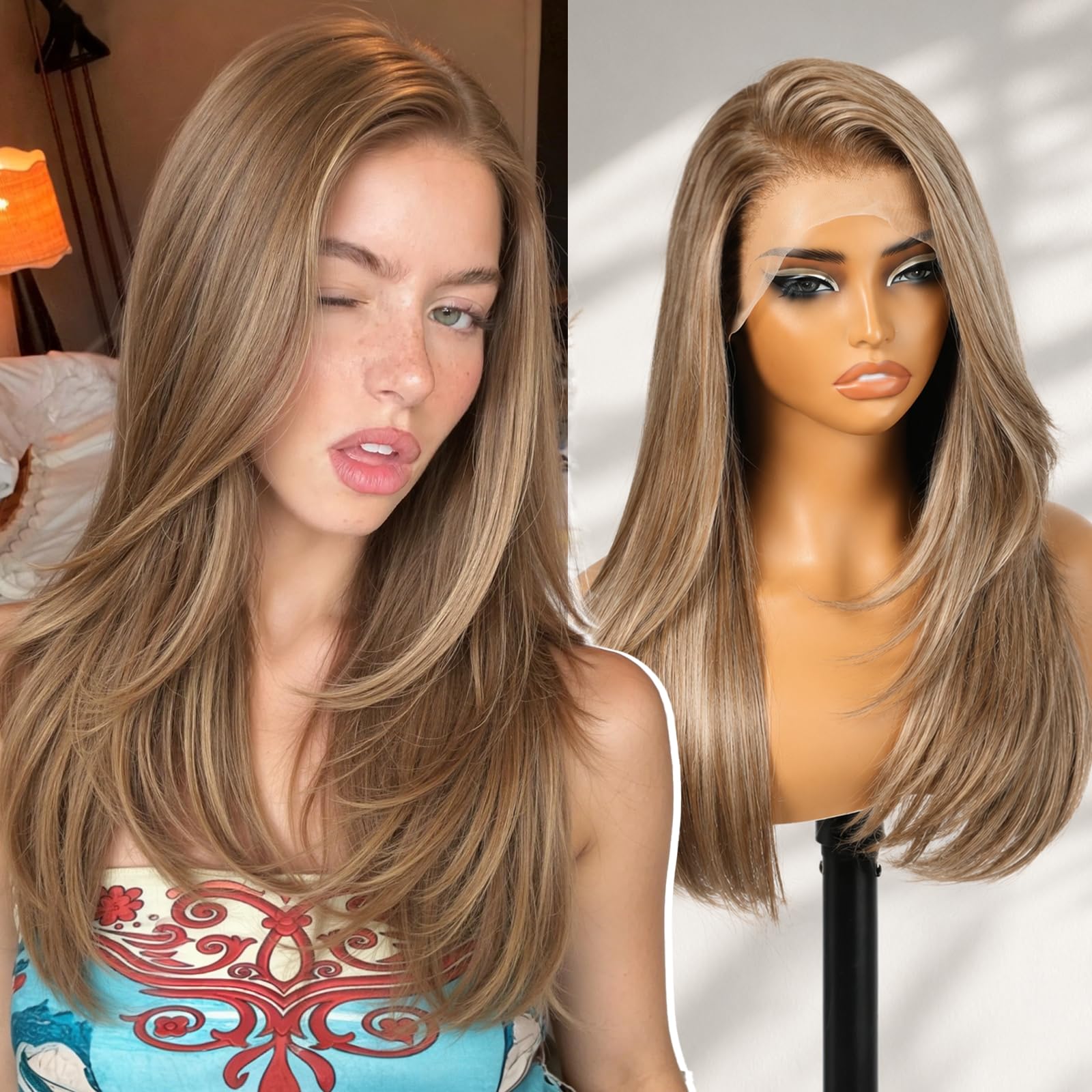 KOME Brown Highlight Synthetic Lace Front Wig, 13X6 Long Straight Layered Glueless Wigs for Women Daily Use 22IN(#TT86/1031) Brown Highlight #TT86/1031