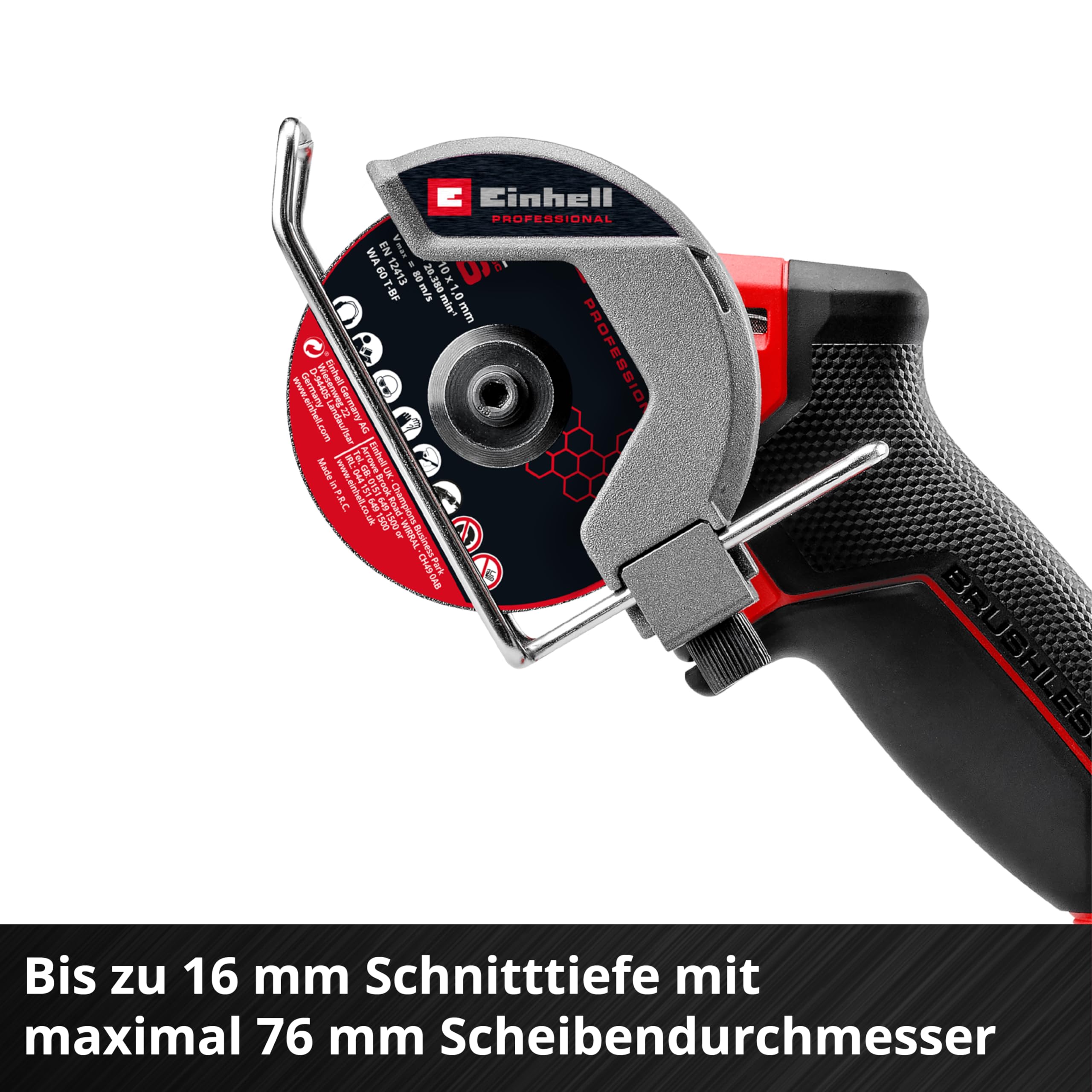Einhell Professional Akku-Trennschleifer TP-CO 18/76-C Li BL-Solo (18 V, Brushless, 76 mm Scheiben-Ø, 16 mm Schnitttiefe, Tiefeneinstellung, Inkl. 4x Trennscheibe, ohne Akku)
