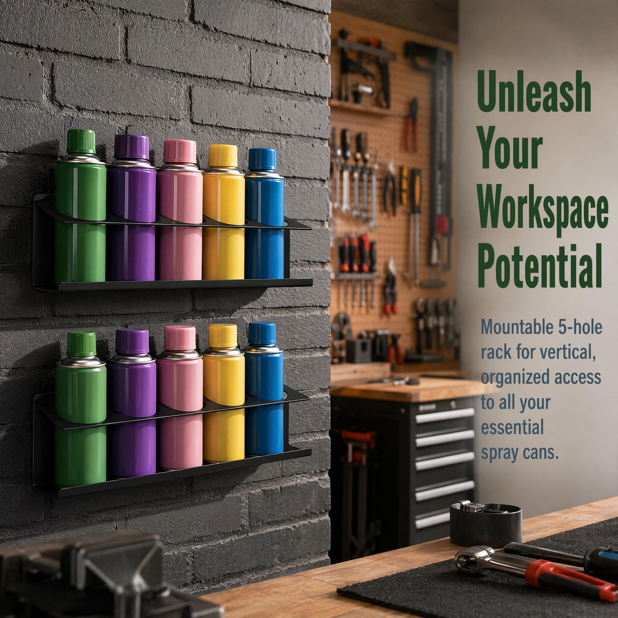 2 soportes para latas de aerosol de acero al carbono negro para 5 latas de 7,6 cm, soporte para latas de taller con tubo de expansión y tornillos, accesorios para garaje, taller, caravana