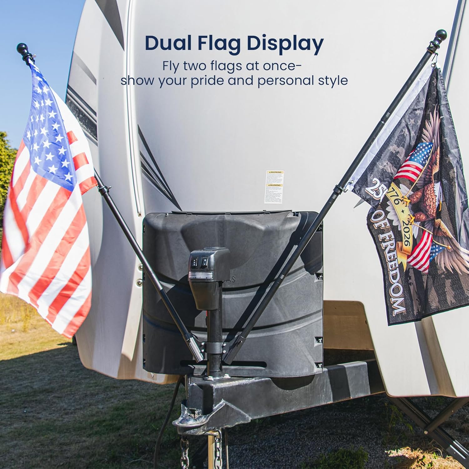 Safoner RV Dual Flag Pole Mount for Trailer Tongue Jack, Aluminum Flag Holder with Wing Screw Locking, For Flagpoles Up to 1'', Fits 2" & 2¼" Jack Tube, RV Essential Accessoires