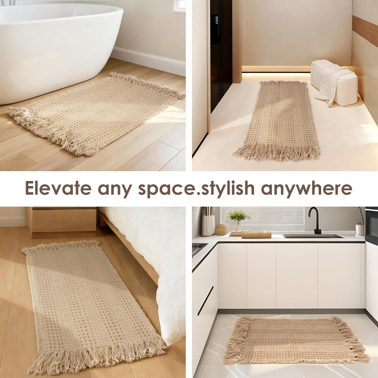 Waffle Bath Mat Set of 2, Absorbent Waffle Bathroom Rug with Tassels, Non Slip Bath Mats for Bathroom Floor, Ultra Soft Boho Bath Mat, Quick Dry Shower Mat, Machine Washable, 17"×24" & 20"×47", Khaki