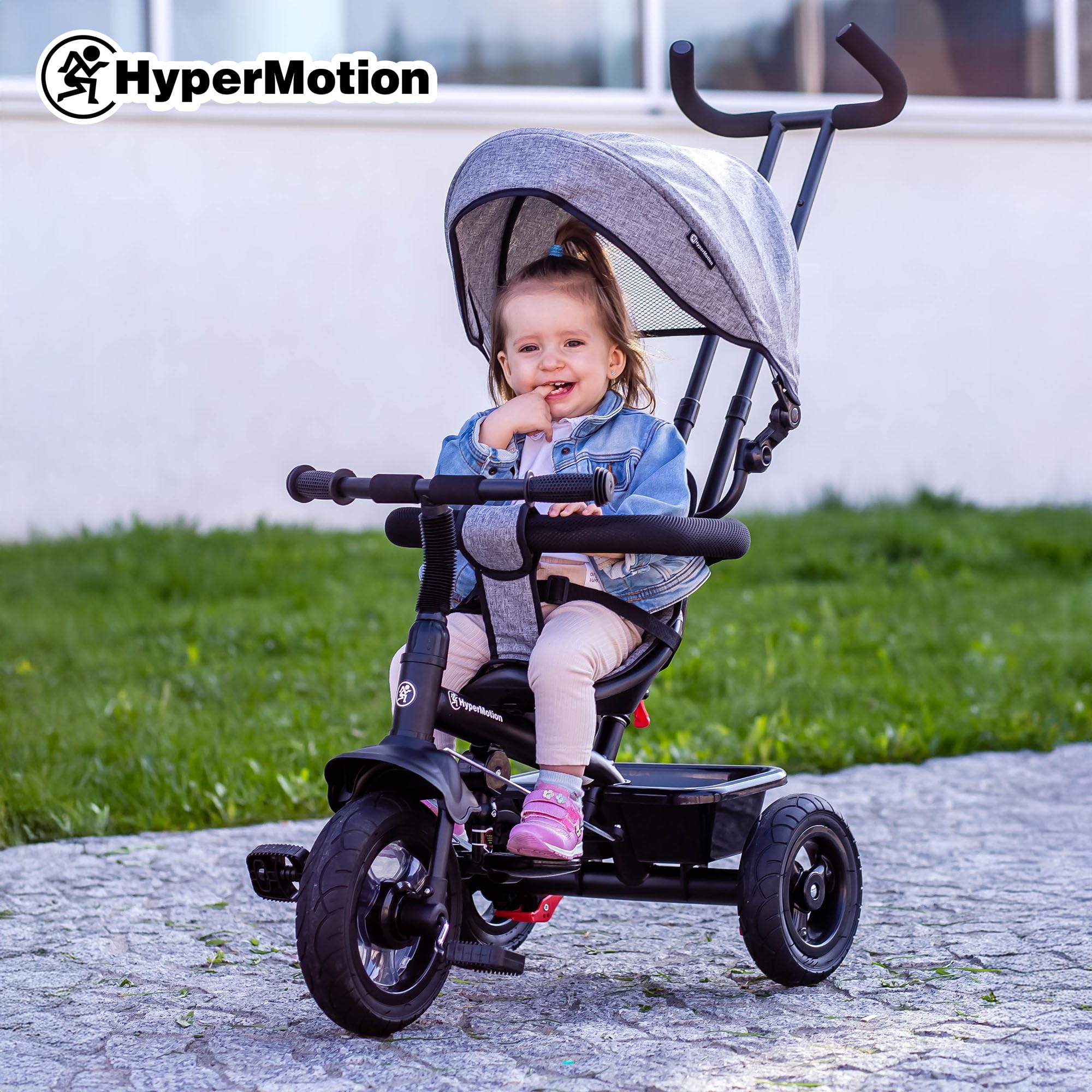 HyperMotion Triciclo Infantil con Manillar para Padres - Bici Bebé 1 Año Evolutiva hasta 20kg - Modelo Similar Kinderkraft con Barra de Empuje - Saltador Bebe Gris