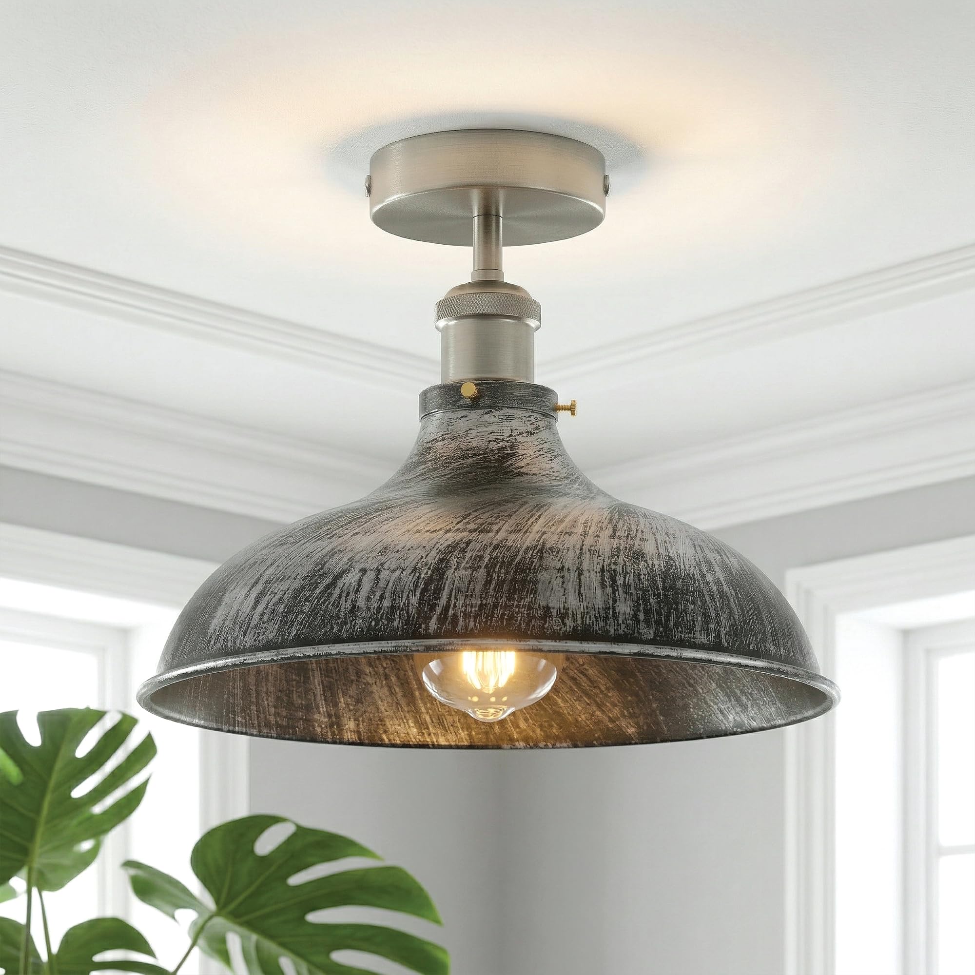 LEDSone Vintage Flush Mount Ceiling Light Fixture Industrial Metal E27 Base Ceiling Lighting for Bedroom Living Room Kitchen Hall Way Restaurant Cafe Brushed Silver with Bulb โ image 1