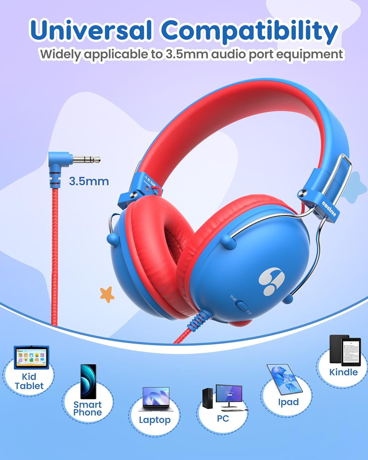 awatrue Kids Headphones with a 3.5mm jack and icons of various compatible devices like tablets, smartphones, and laptops.