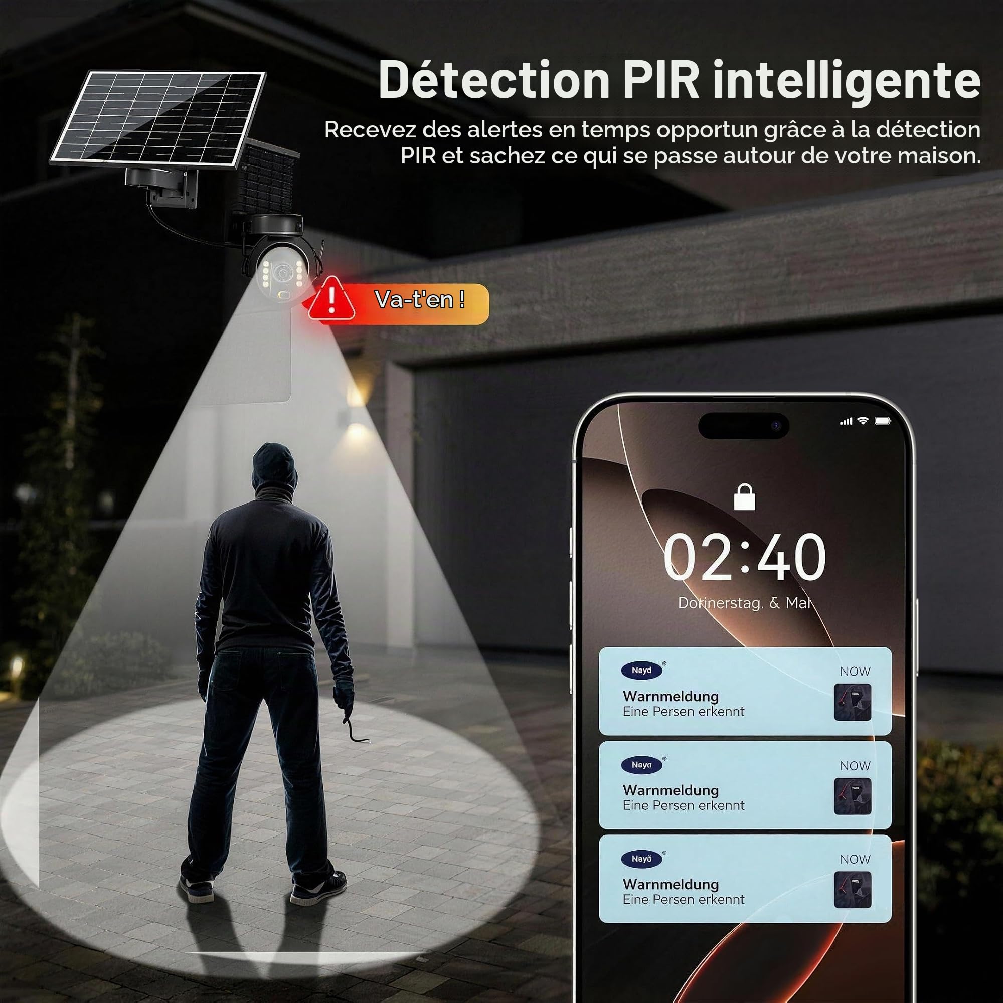 4K Caméra de Surveillance - PTZ 360° Extérieure Étanche avec Zoom 5X, Caméra Solaire 4G LTE pour Sécurité Domestique, Inclus Carte SIM 300Mo et Carte SD 64Go (8MP), Medium