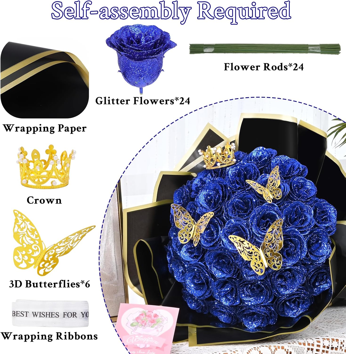 Waipfaru Blue Glitter Roses Bouquet, DIY Flowers Bouquet, Birthday Gifts for Women Mom Grandma Wife Girlfriend, 24 Pcs Fake Rose for Valentines, Mothers Day, Anniversary, Graduation Gifts - Image 6