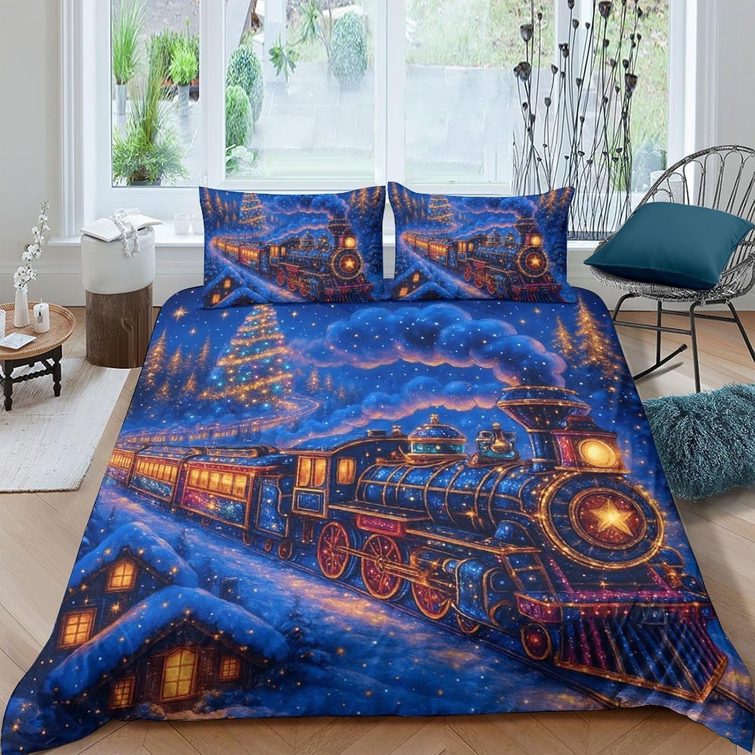 Housse de couette 240x260 train à vapeur en microfibre anti-plis pour grand lit