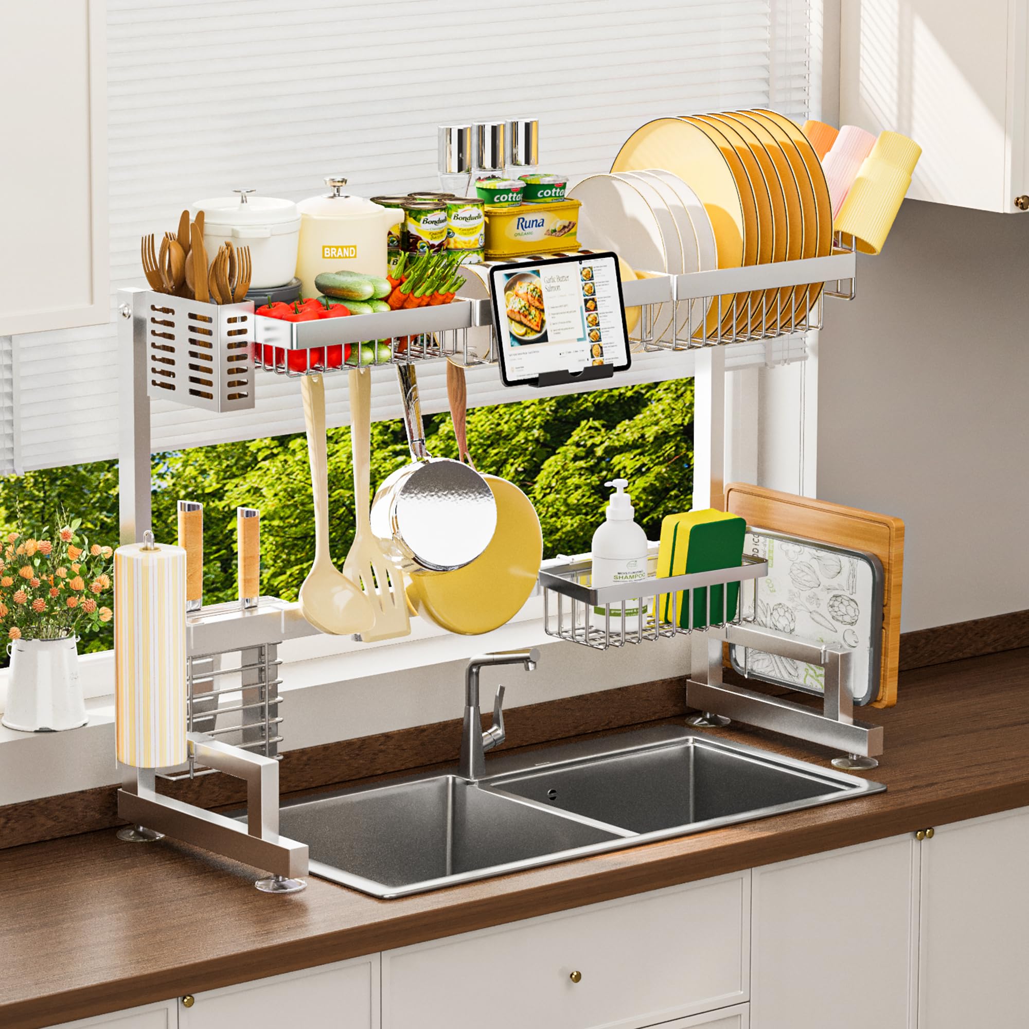ADBIU Luxurious 304 Stainless Steel Over Sink Dish Drying Rack (Suitable for Sink Length 24.6"- 36.2") Snap-On Design 2 Tier Large Kitchen Dish Rack Stainless Steel Counter Organization and Storage