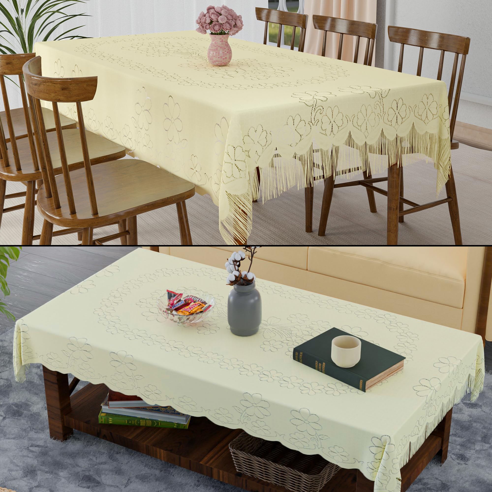 Kuber Industries 2 Pcs Themed Combo Set – 6 Seater Dining Table Cover & 4 Seater Center Table Cover | Same Design Pair of Teapoy Table Cloth & Dinner Table Sheet | Self Flower Jhalar - Cream