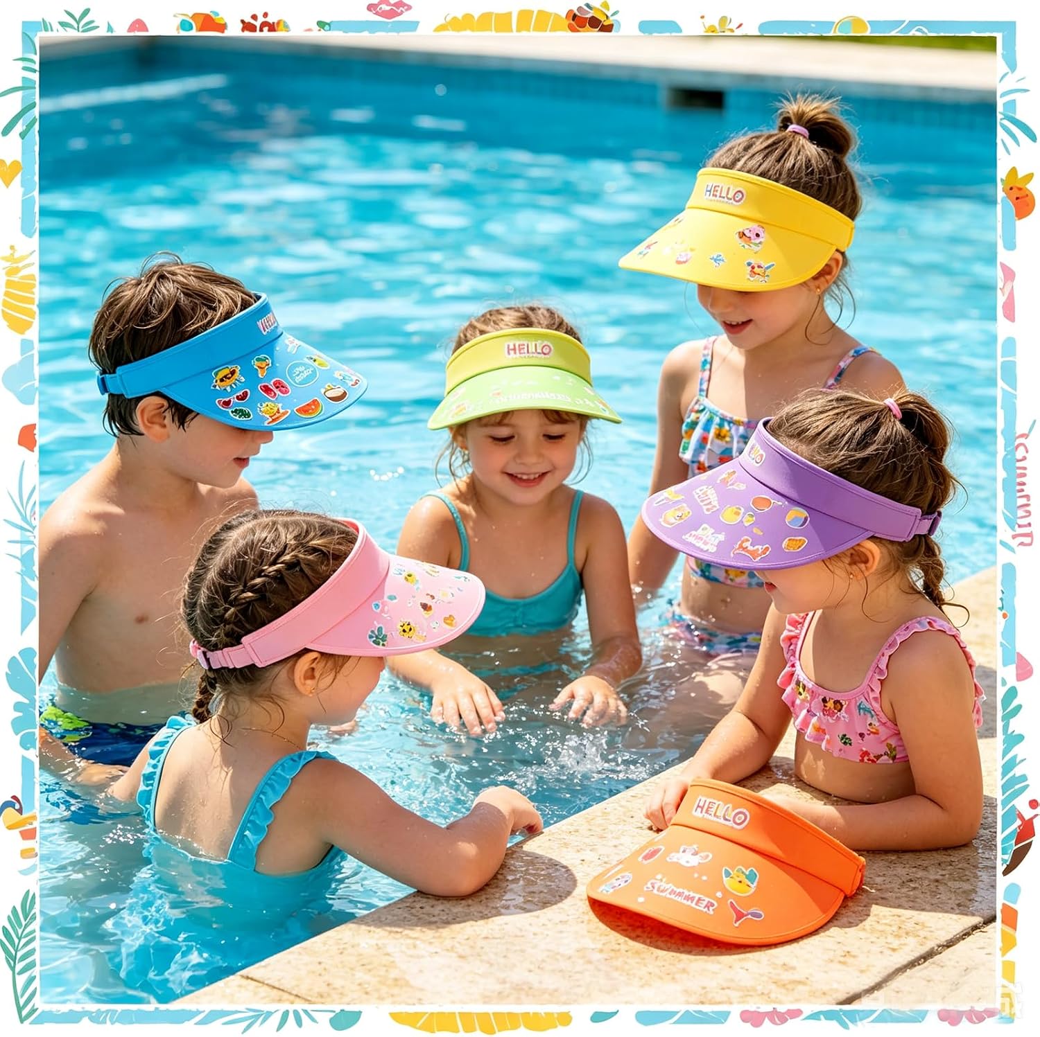 Chzhwlc 24 Sets Summer Felt Visor Hats Crafts Kits Bulk, DIY Beach Sun Visor Hat Activities with Stickers for Summer Party Crafts Hawaiian Party Supplies