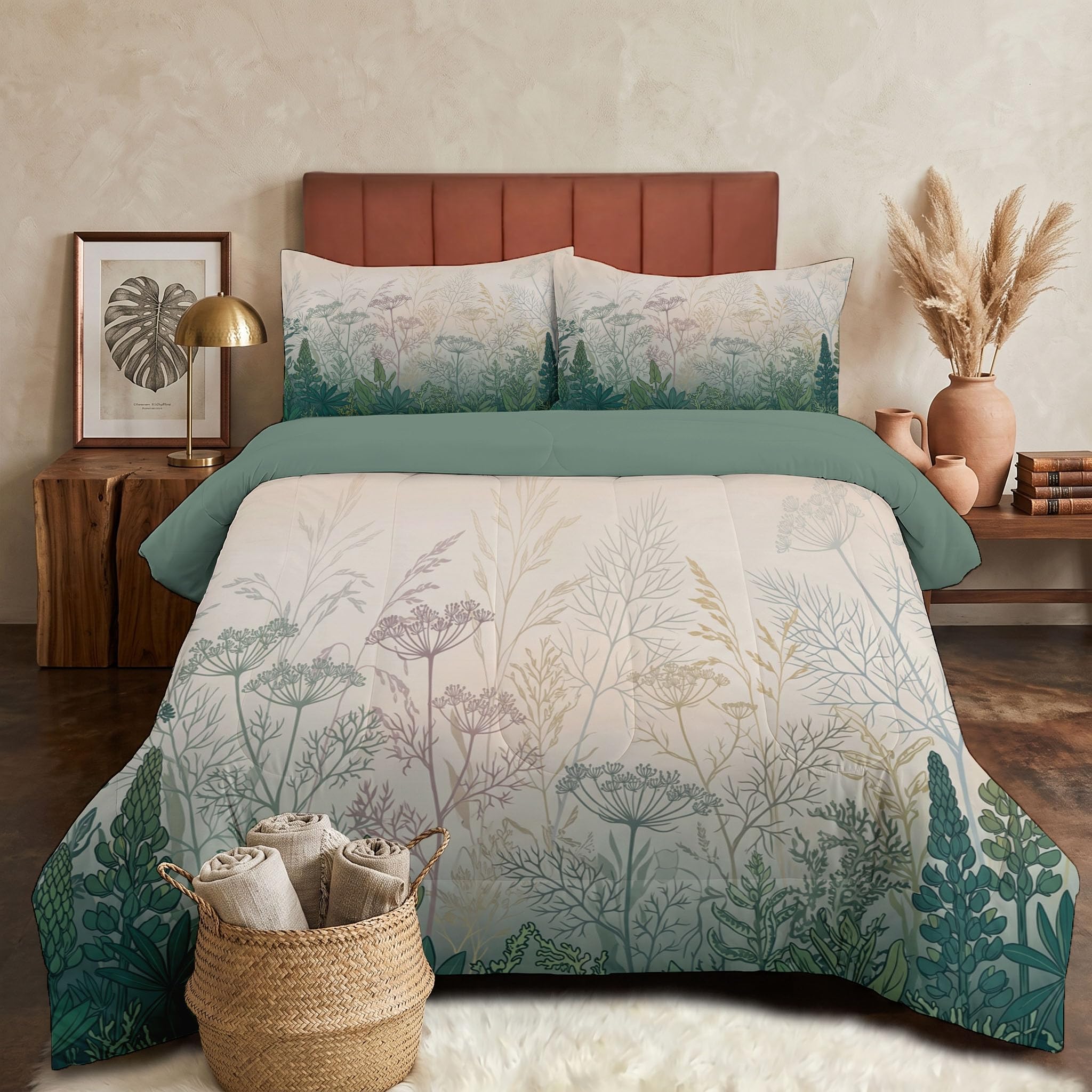 Trapunta Piante Lineari Semplici, Piumino Singolo 4 Stagioni | 140X200 Cm Con Federa 50X80, Piumone Leggero In Microfibra, Trapunta Reversibile Prato Sfumata Ad Acquerello, Beige Ciano