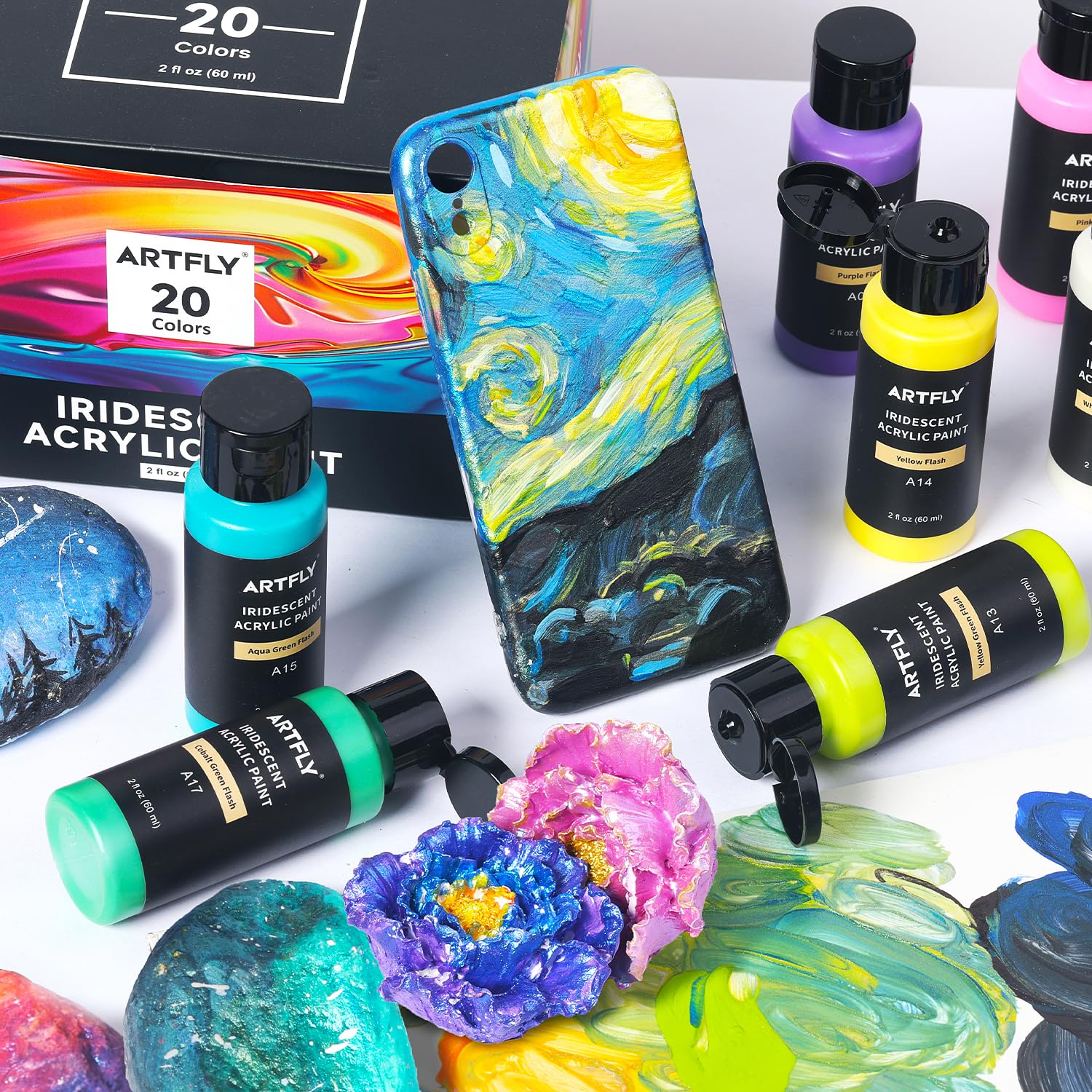 ARTFLY Set di colori acrilici iridescenti, 20 colori camaleonte in flaconi da 2oz/60ml, colori acrilici cangianti, colori cangianti perfetti per artisti e principianti su tela, rocce, legno, tessuto,