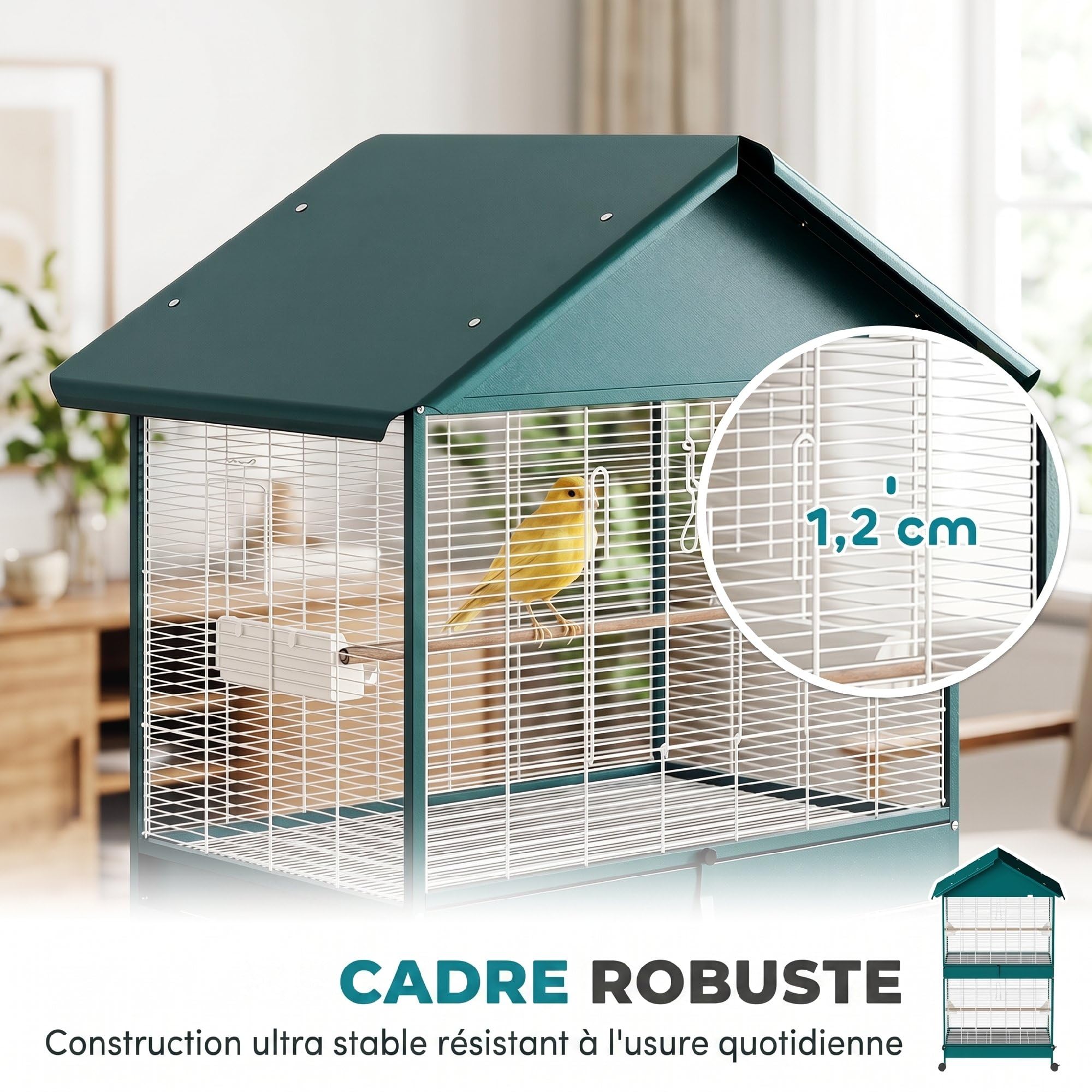 PawHut Grande Cage à Oiseaux Roulante, Volière Oiseaux Intérieur/Extérieur, Séparateur Amovible, 4 Mangeoires, 2 Perchoirs, 2 Plateaux, 94x70x158 cm