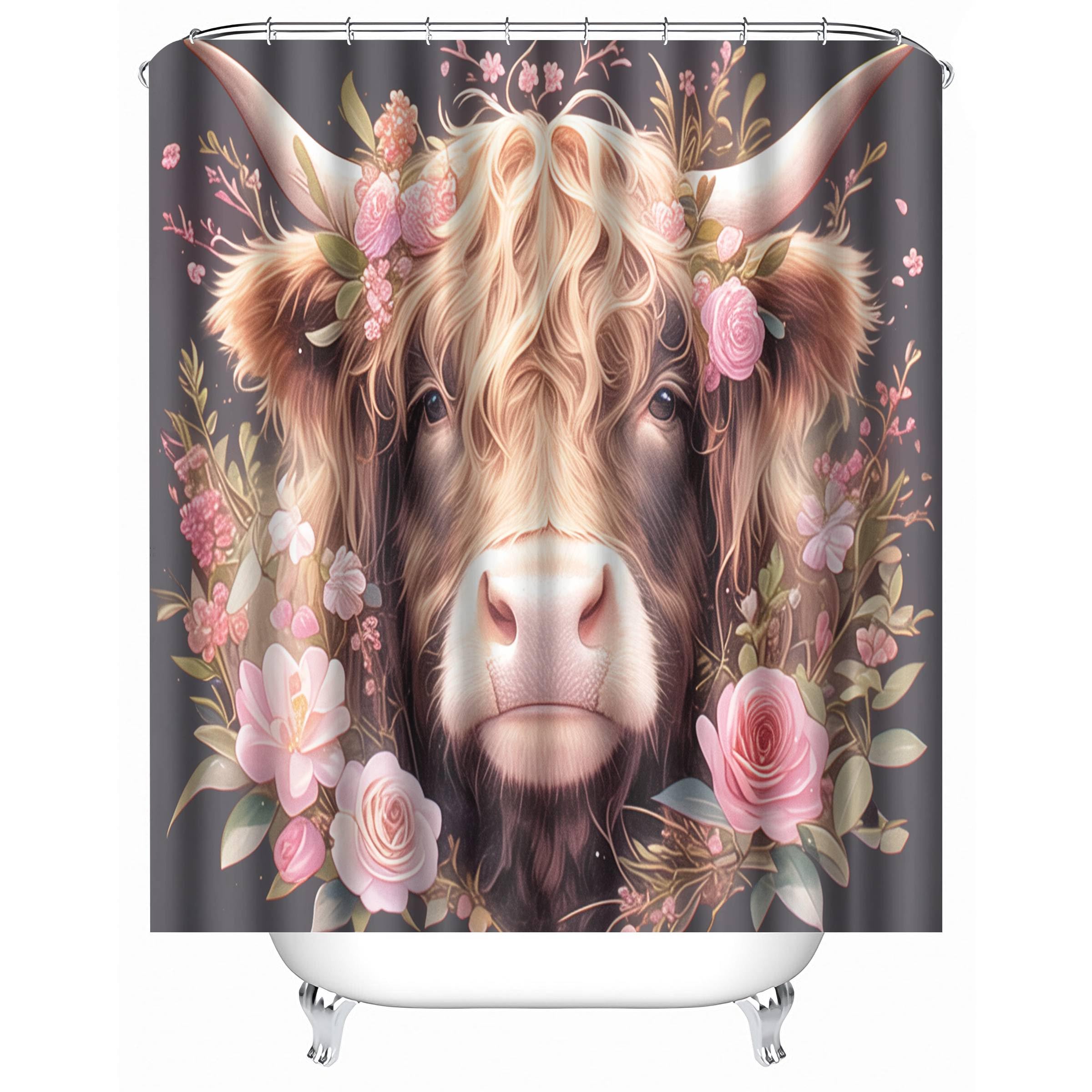Highland Cattle Shower Curtains Set Mould Mildew Proof Resistant 200 x 220 cm (78.9x86.7Inch), Pink Flowers Animal Cow Bathroom Curtains Washable Polyester with 16 Hooks for Wet Room Tub