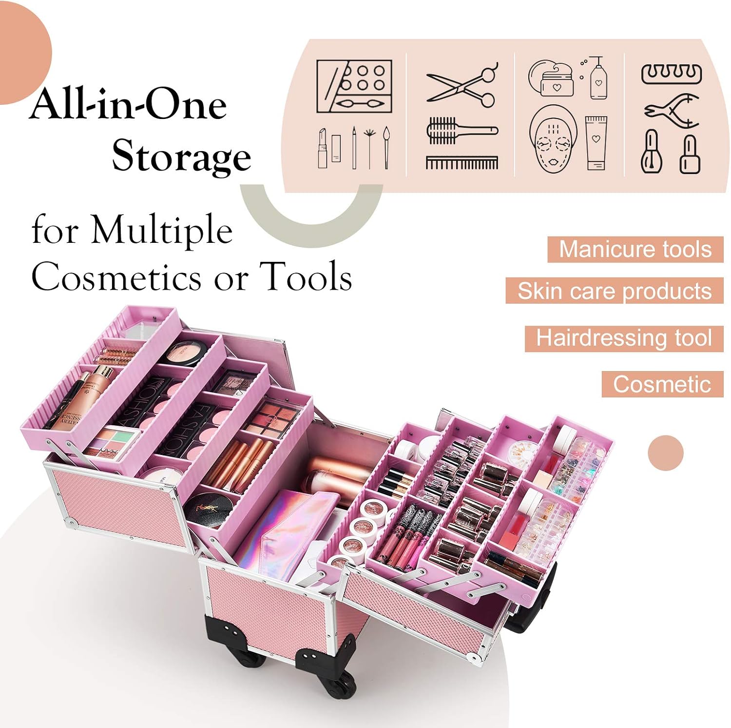 Joligrace Rolling Makeup Case with Wheels Professional Cosmetology Large Train Case Wheeled Cosmetic Trunk with 8 Divided Trays for Makeup Artist, Hair Stylish or Home Use - Pink
