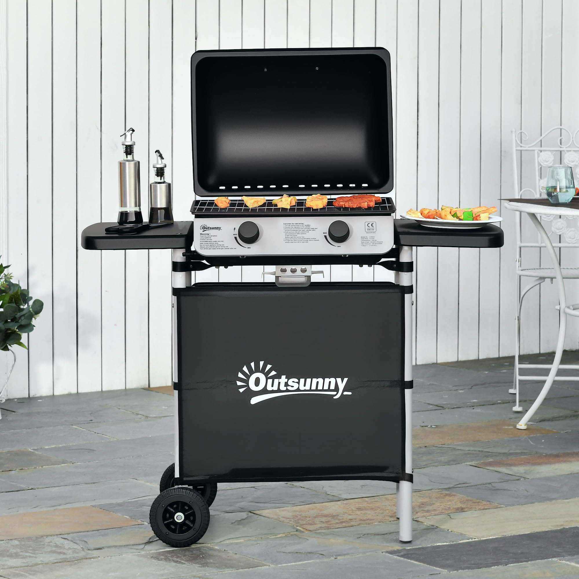 Outsunny Barbecue Gaz 2 Brûleurs en Acier Inoxydable, Puissance 2,8 kW, Barbecue de Jardin, 2 Grilles en Chromé, 2 Étagères Latérales, 2 Roues, pour Camping, Balcon et Terrasse, Noir