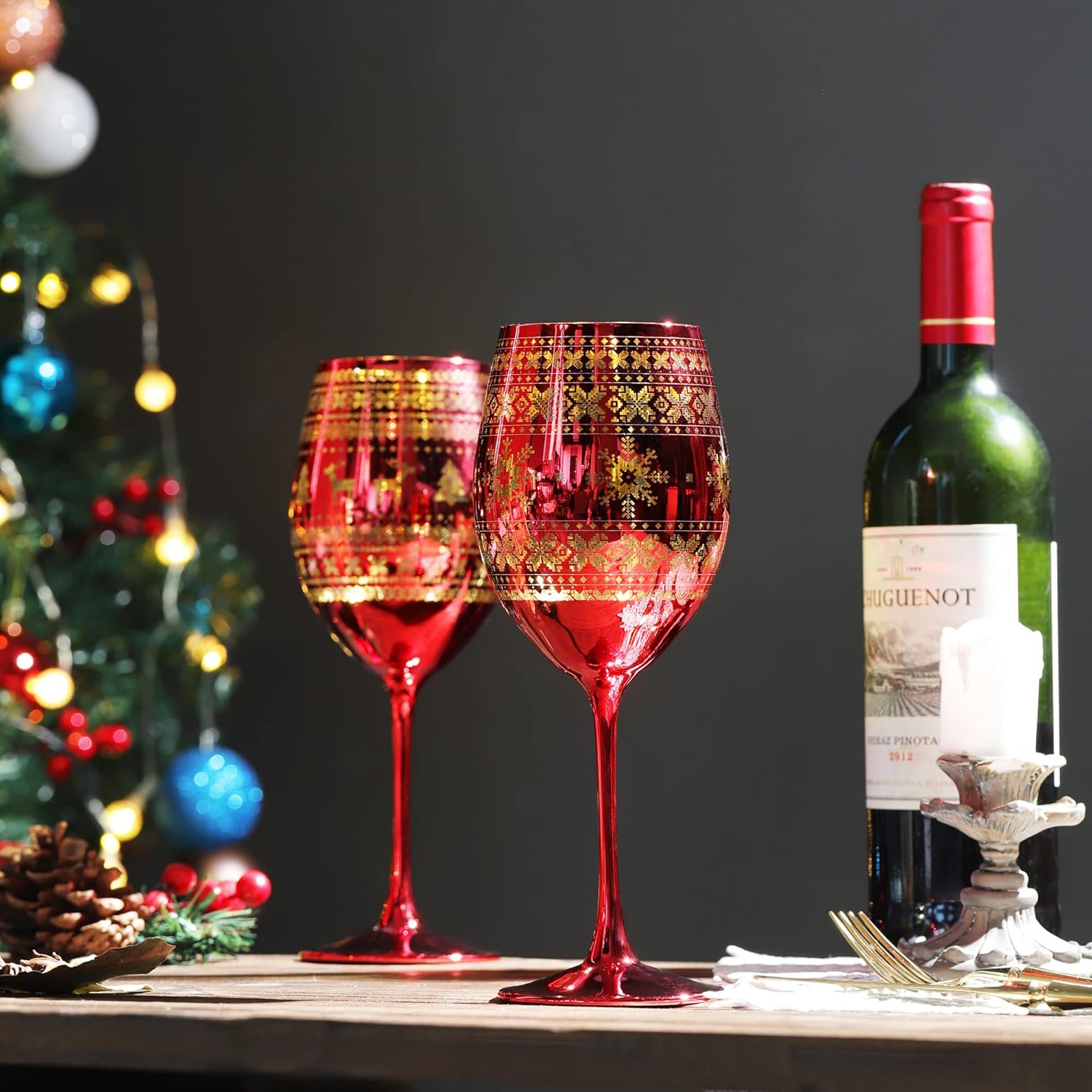 Joeyan Christmas Wine Glasses with Stem, 19.5 oz Large Burgundy Wine Glasses, Red Handmade Wine Glass Tumblers, Xmas Tree Elk and Snowflake Patterned, Set of 2, Great for Christmas and Gifts - Image 2