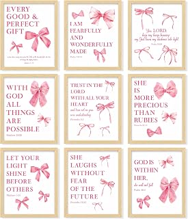 97 Decor Pink Coquette Wall Art, 9 Bow Posters for Teen Girls, 8x10 | Bible verse and christian prints, light pink bow decor, cardstock, unframed, bedroom, bathroom, dorm