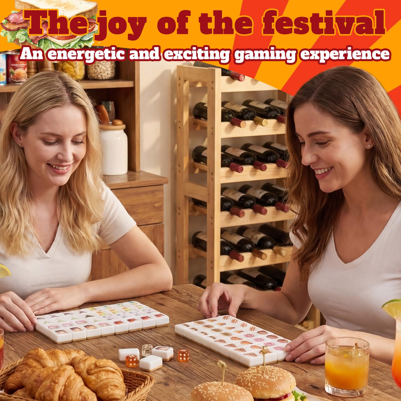 Hollowfly Juego de 65 bloques de mahjong de 30 mm con bolsas de almacenamiento para 2 jugadores, juego de mahjong, patrón de comida y bebida, no requiere bricolaje para amigos, familiares, juegos