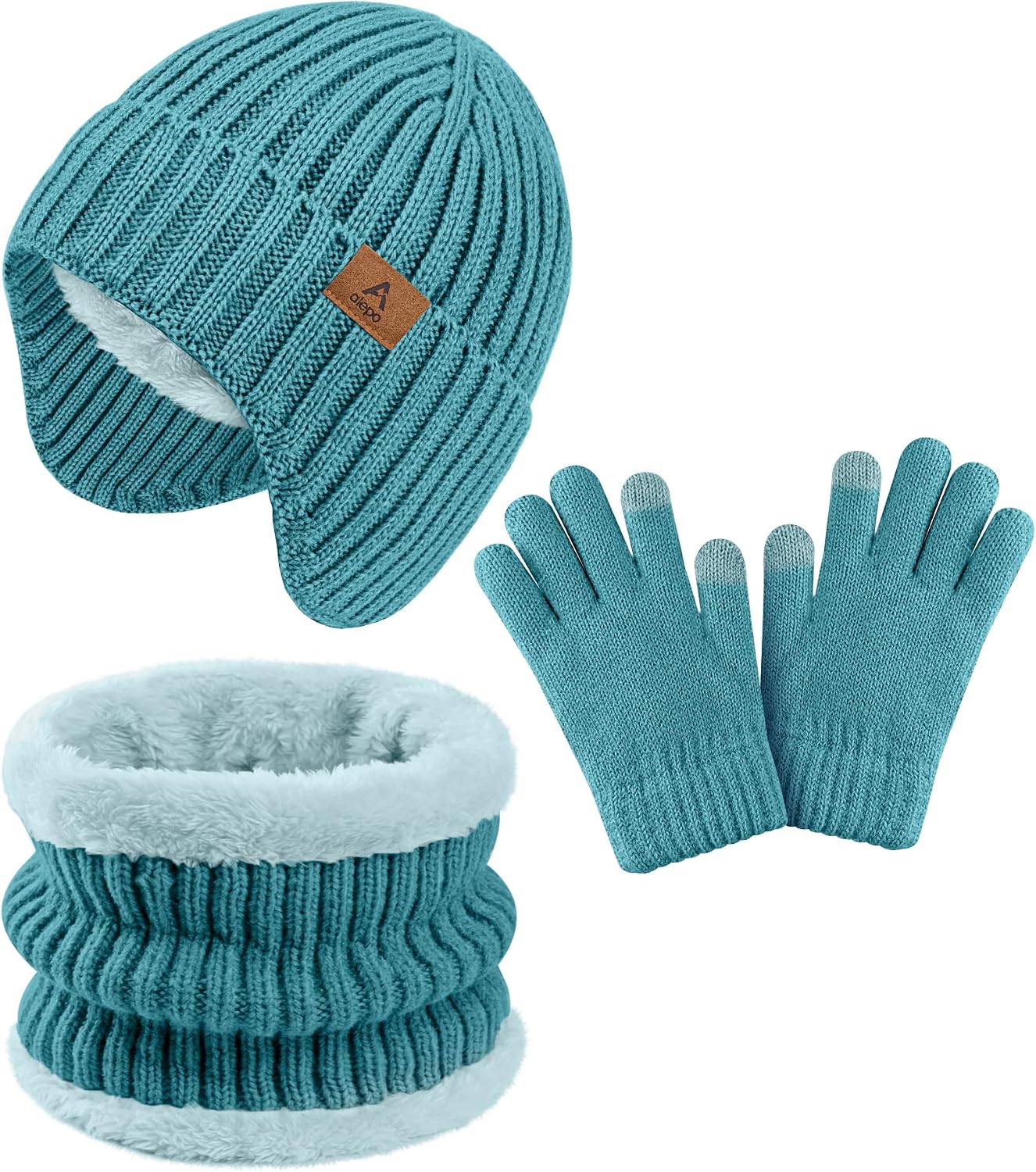 Kids Winter Hat Gloves Scarf Set, Boys Girls Cold Weather Knit Beanie with Ear Flaps & Fleece-Lined Neck Gaiter Mittens Set Color44
