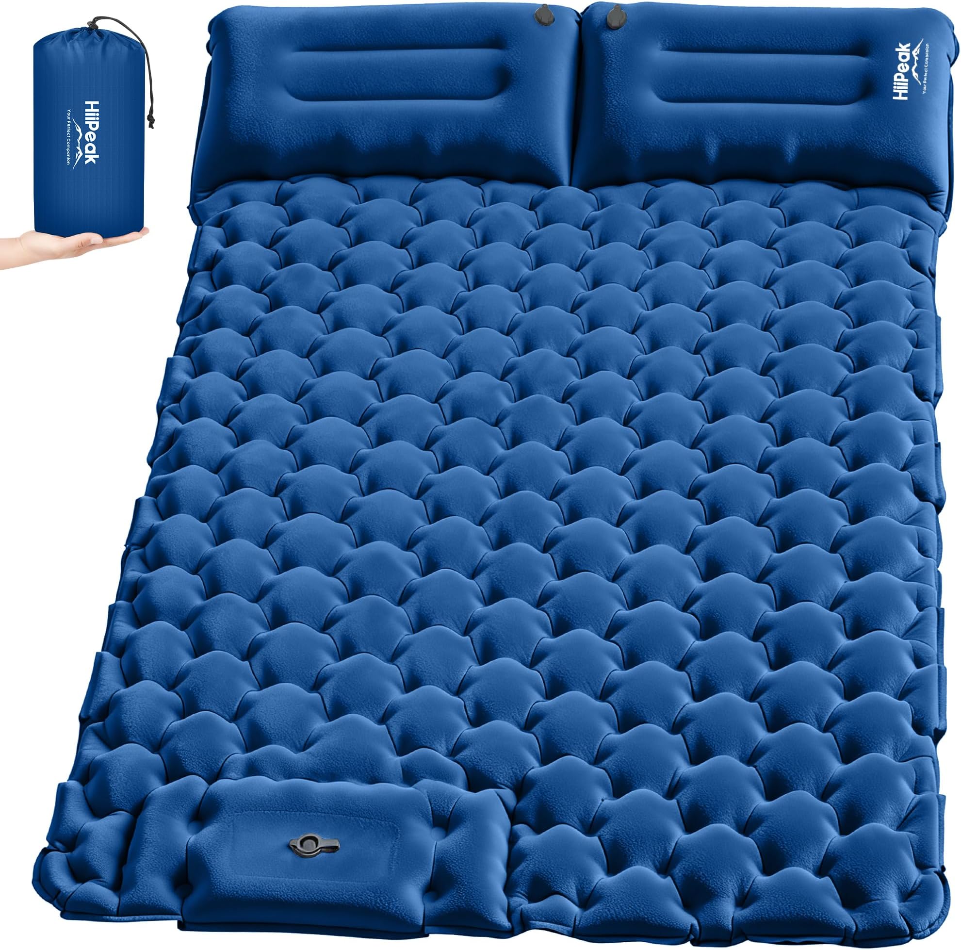 HiiPeak Double Sleeping Pad for Camping - Suede Top Camping Mattress with Pillow, Built-in Foot Pump, Compact Inflatable 2-Person Portable Mat for Backpacking, Hiking, Car Traveling, Beach, Tent