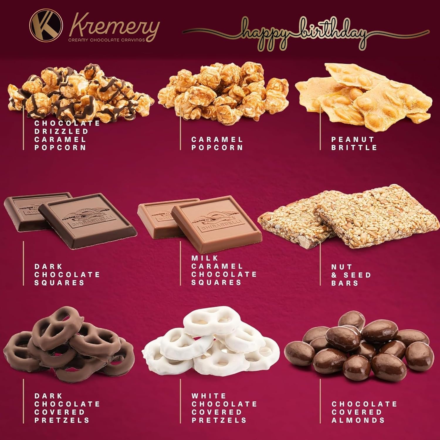 KREMERY Creamy Chocolate Cravings Birthday Gift Basket - Chocolate Covered Pretzels, Nuts, Candy & Caramel Popcorn (Deluxe, 3.5 lbs) Sweet Treats in Seagrass Tray + Ribbon & Greeting Card, Kosher
